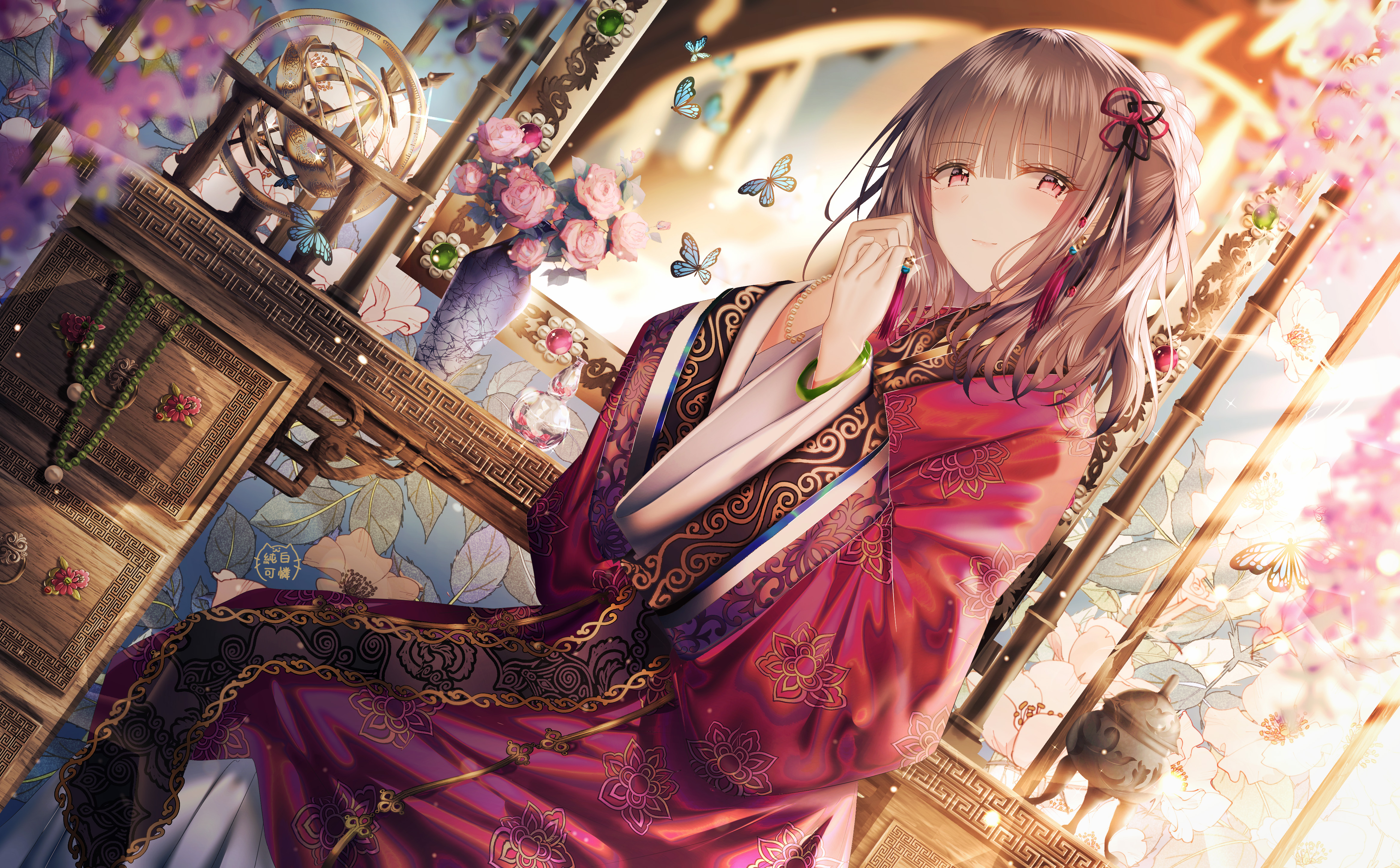 动漫女孩 和服 梳妆台 蝴蝶 鲜花 动漫 桌面壁纸 4668×2894