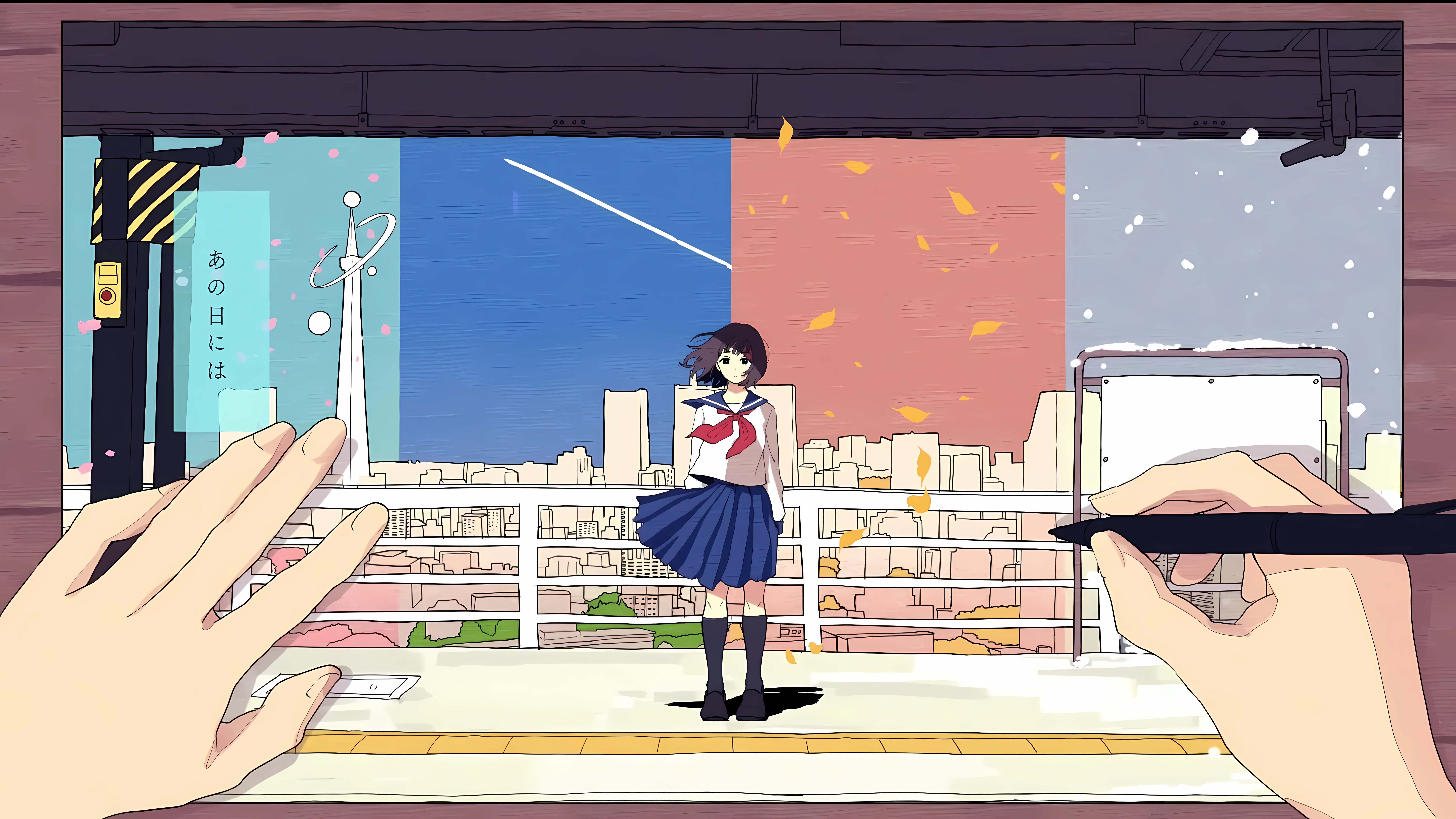 站着 女学生 长发 动漫 女孩 校服 城市 壁纸 7680×4320