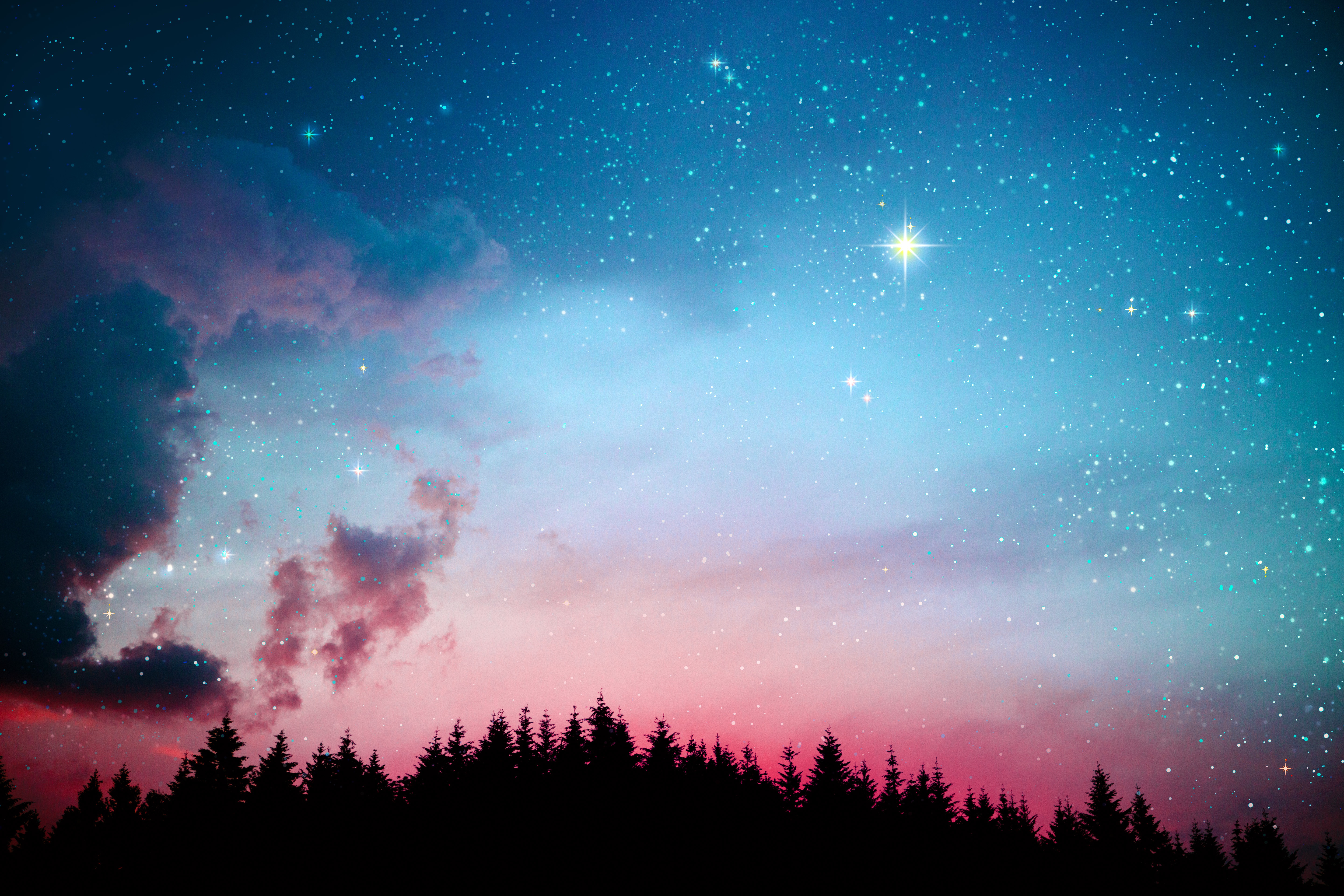 超清天空 空间 星星 银河 黑暗 灯光 粉色 夜晚 森林 云彩 AI艺术 图片 桌面壁纸 5760×3840