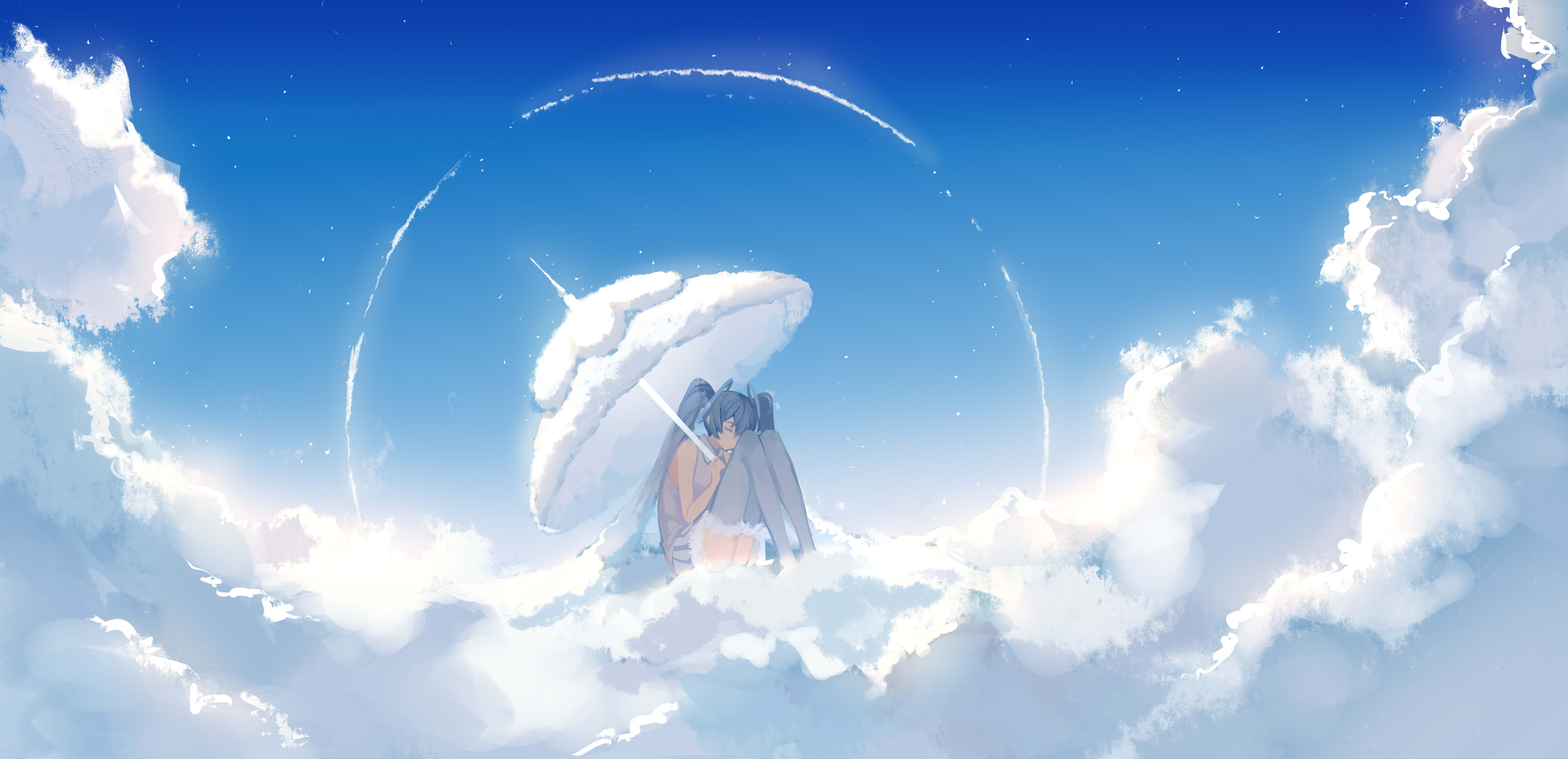 超清闭眼 动漫 女孩 初音 小提琴 天空 云 伞 双尾 手机壁纸 4724×2286