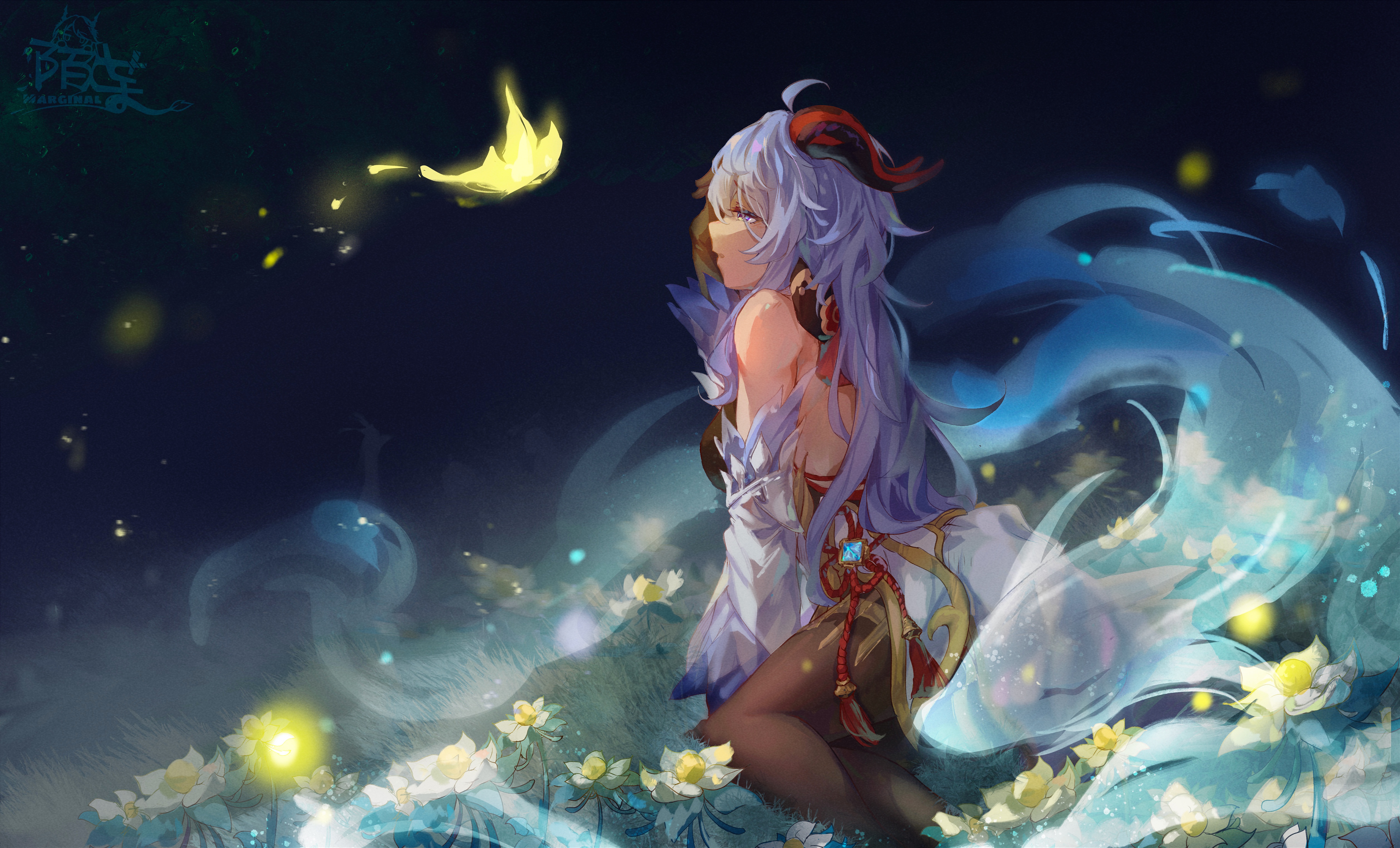 热门蓝头发 蓝眼睛 肩膀 跪着 长发 波浪 白酒 魔域边缘 感伤 原神 动漫 女孩 号角 精灵 桌面壁纸 5029×3047