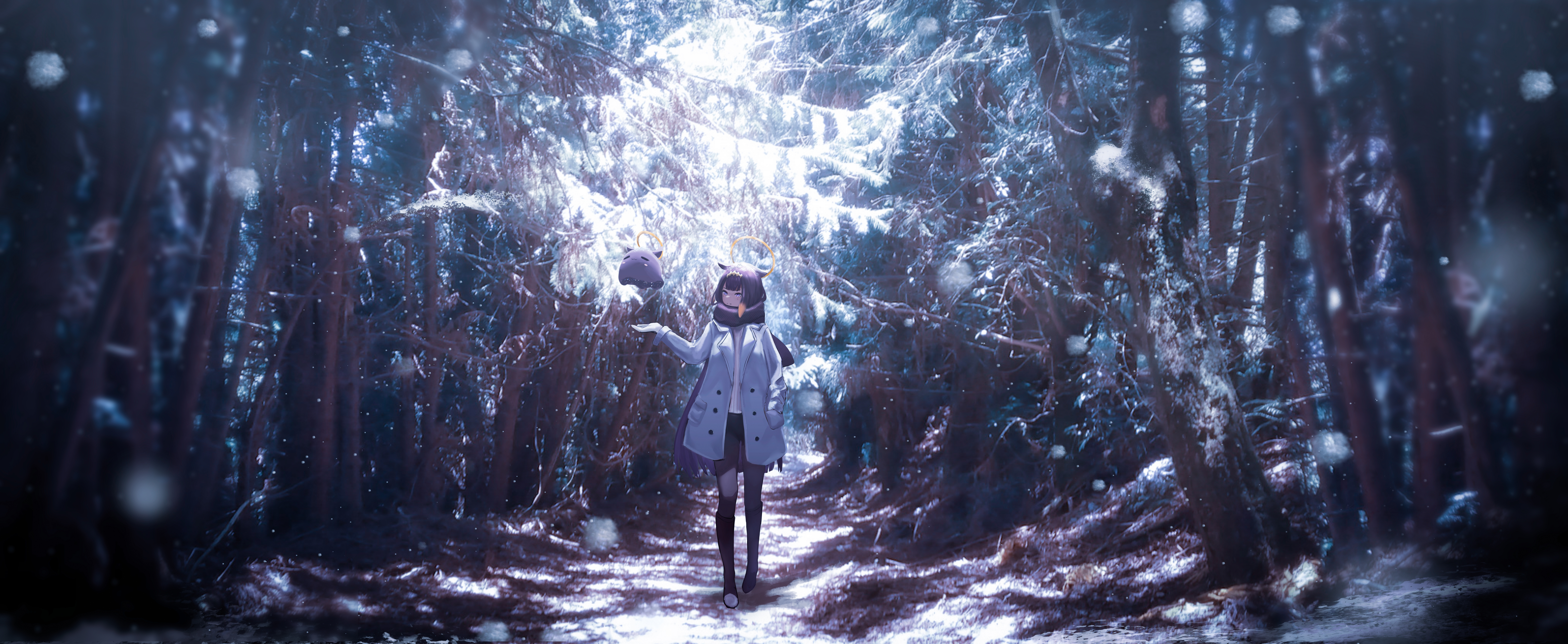 经典森林 雪 大雪 树木 猫耳 女孩 女人 冬天 靴子 精灵 宠物 无水印壁纸 9832×4039