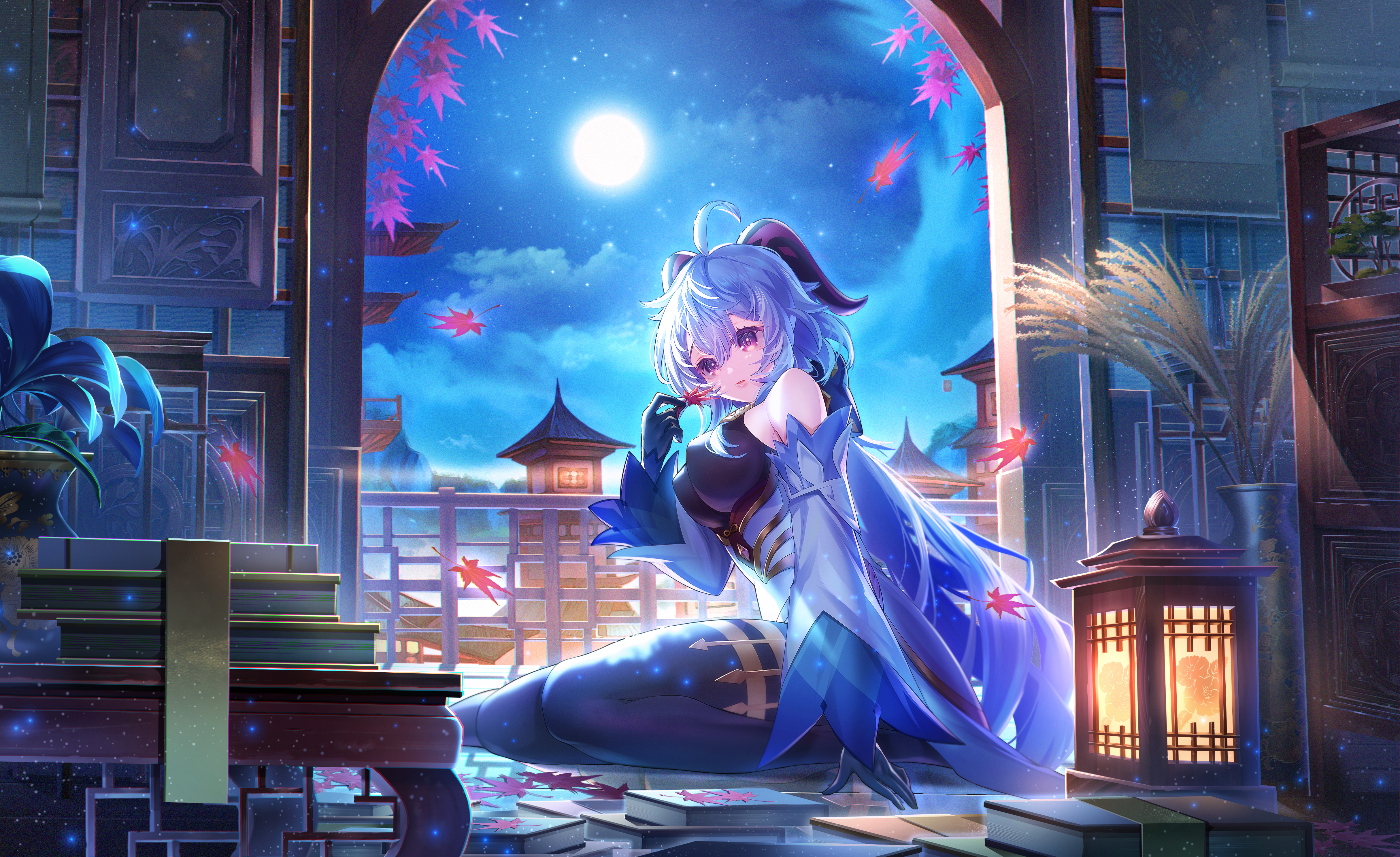 原神 动漫 女孩 树叶 夜 月 书 壁纸 4858×2975