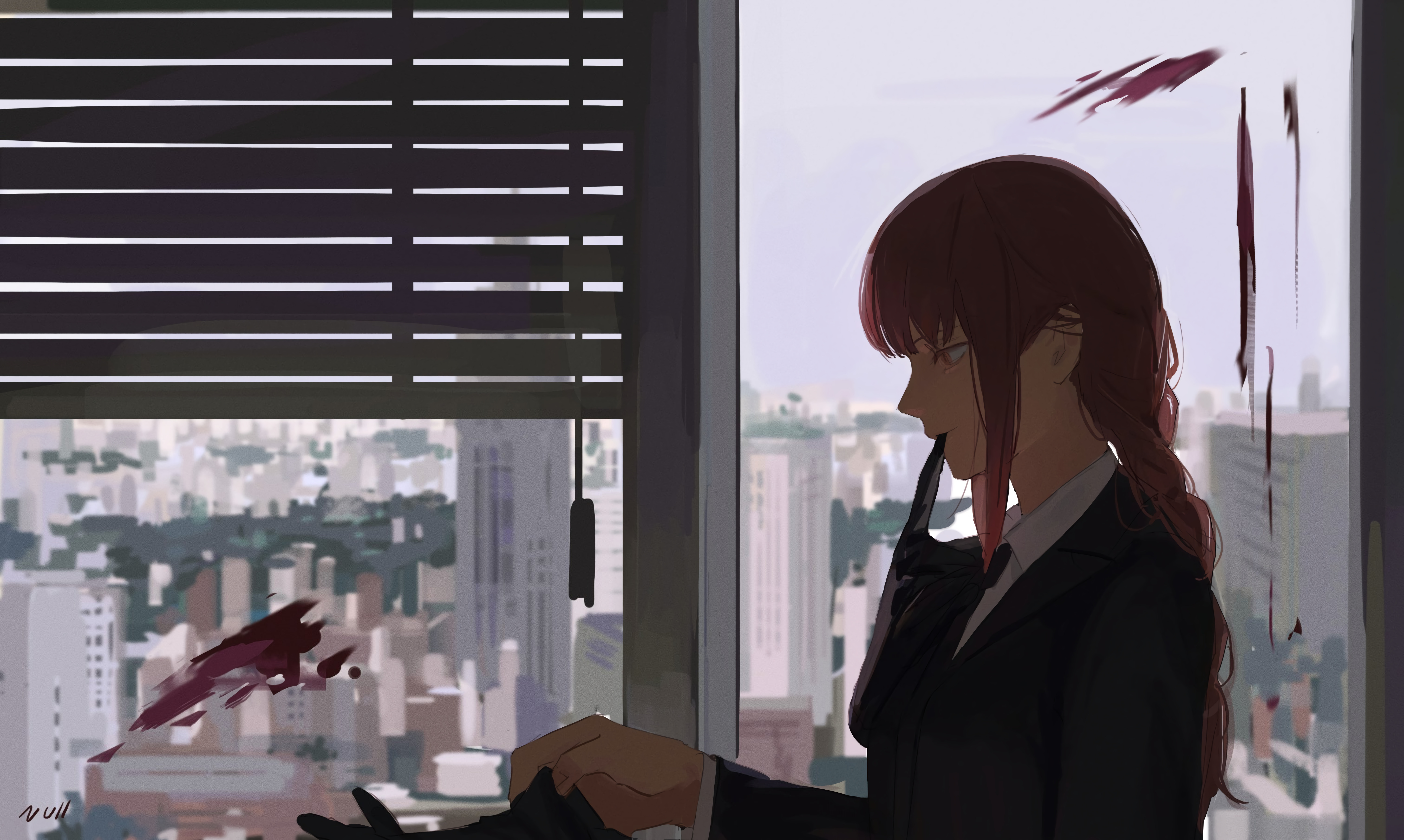 红头发 动漫 女孩 电锯人 血 手套 黄眼睛 壁纸 6046×3618