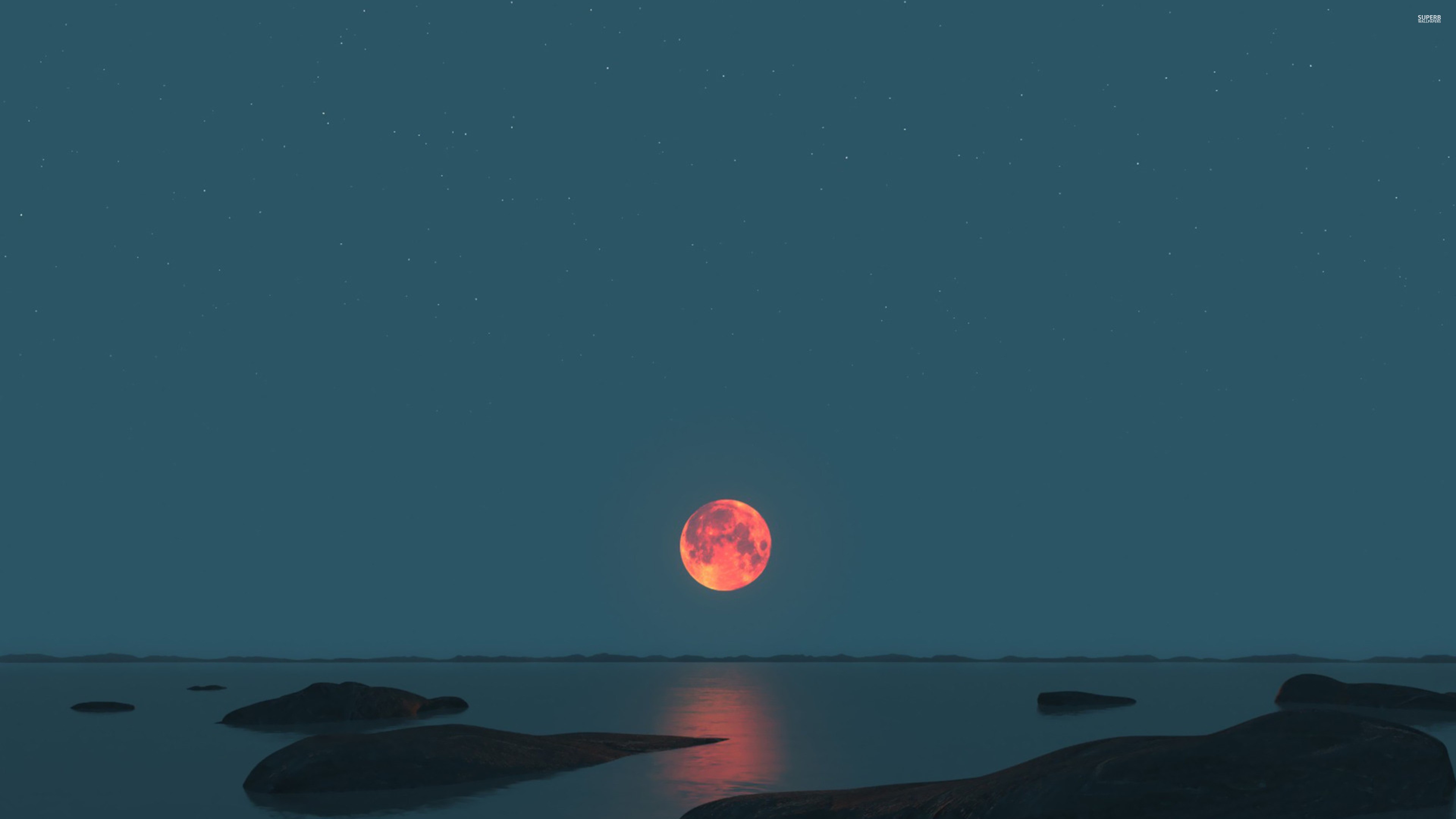 精选月光 海洋 自然 水 天空 红月 满月 高清壁纸 3840×2160