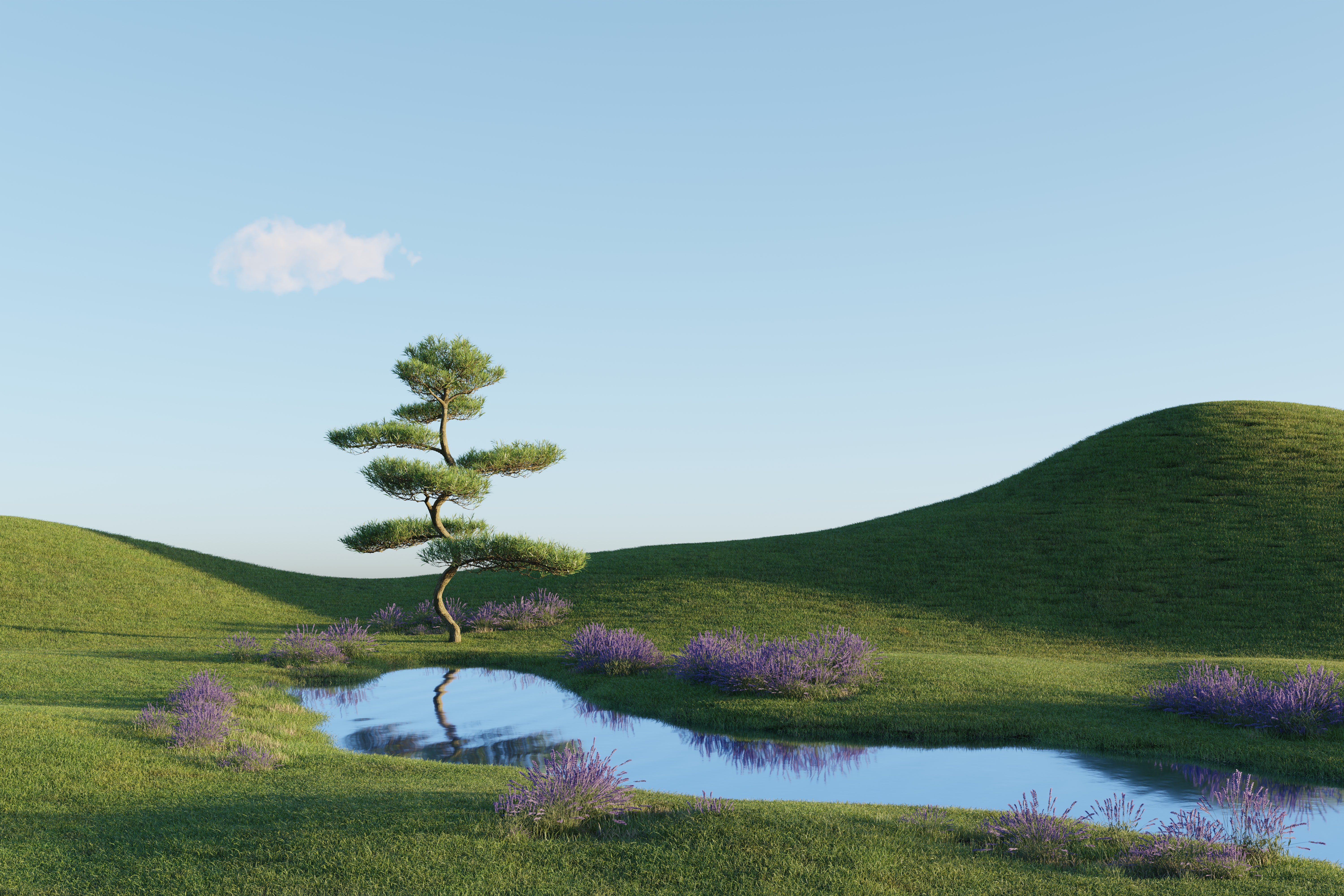 绚丽AI艺术 自然 风景 田野 树木 河流 倒影 水 4K壁纸 6000×4000