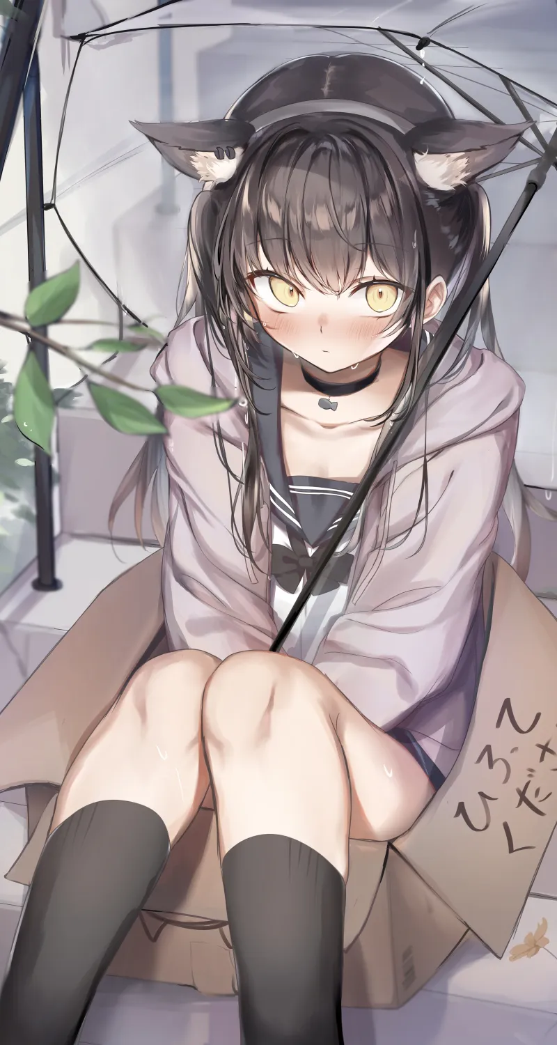 热门深色头发 动漫 女孩 AI艺术 校服 雨伞 猫耳 黄眼睛 脸红 汗水 楼梯 手机 高清壁纸 5904×8334