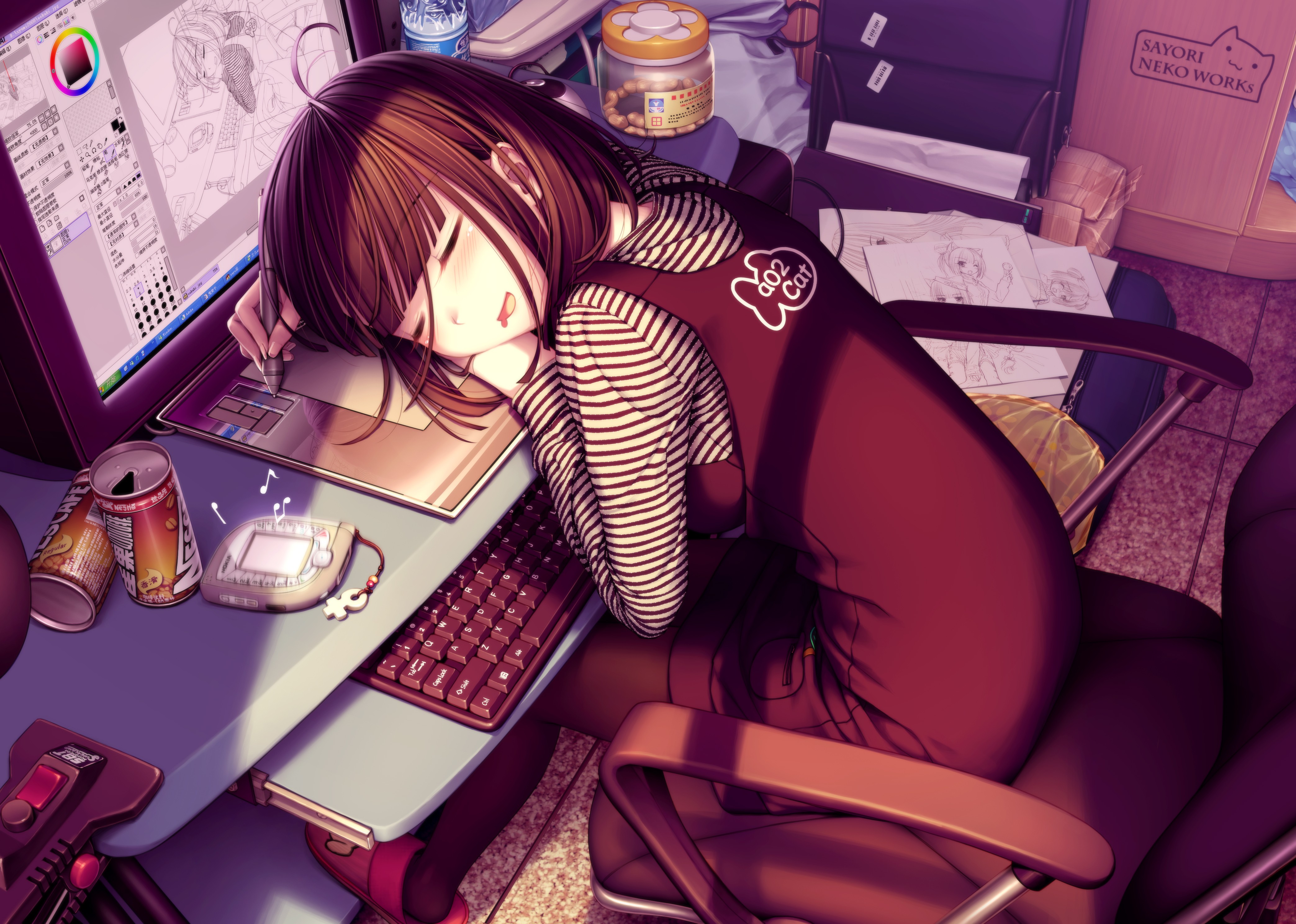 深色头发 原创 人物 动漫 女孩 电脑 平板电脑 睡眠 椅子 AI艺术 绘画 键盘 零食 显示器 素描 罐头 条纹服装 手机壁纸 4175×2976