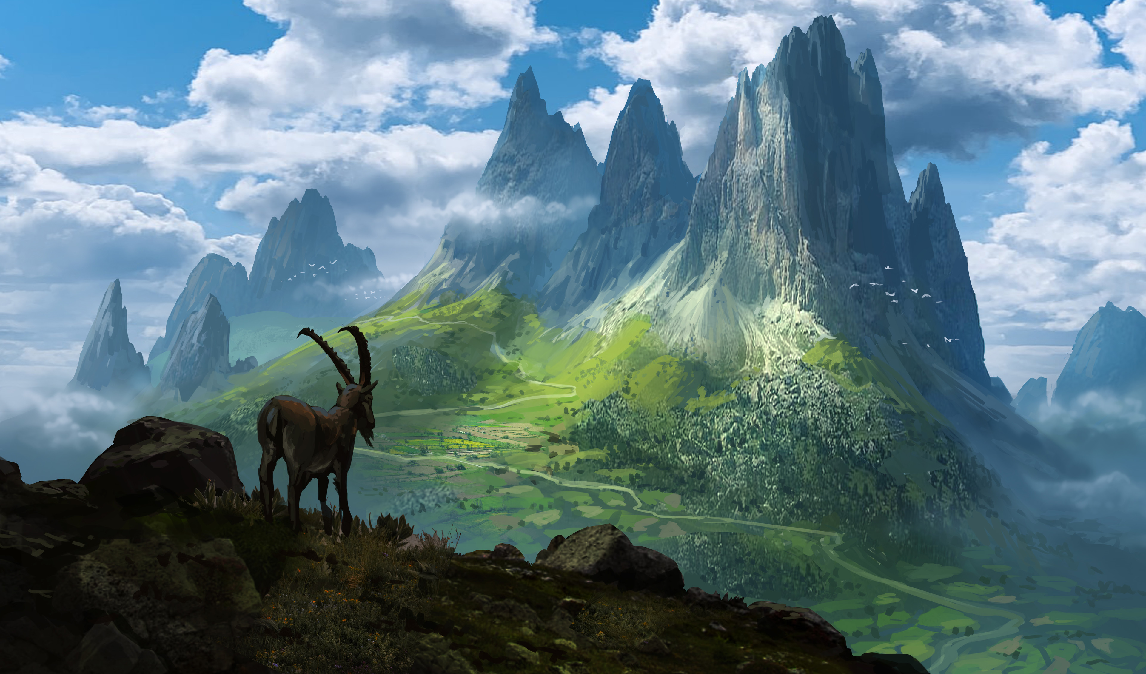 绝美云 岩石 山羊 AI艺术 风景 素描 艺术 壁纸 3840×2259