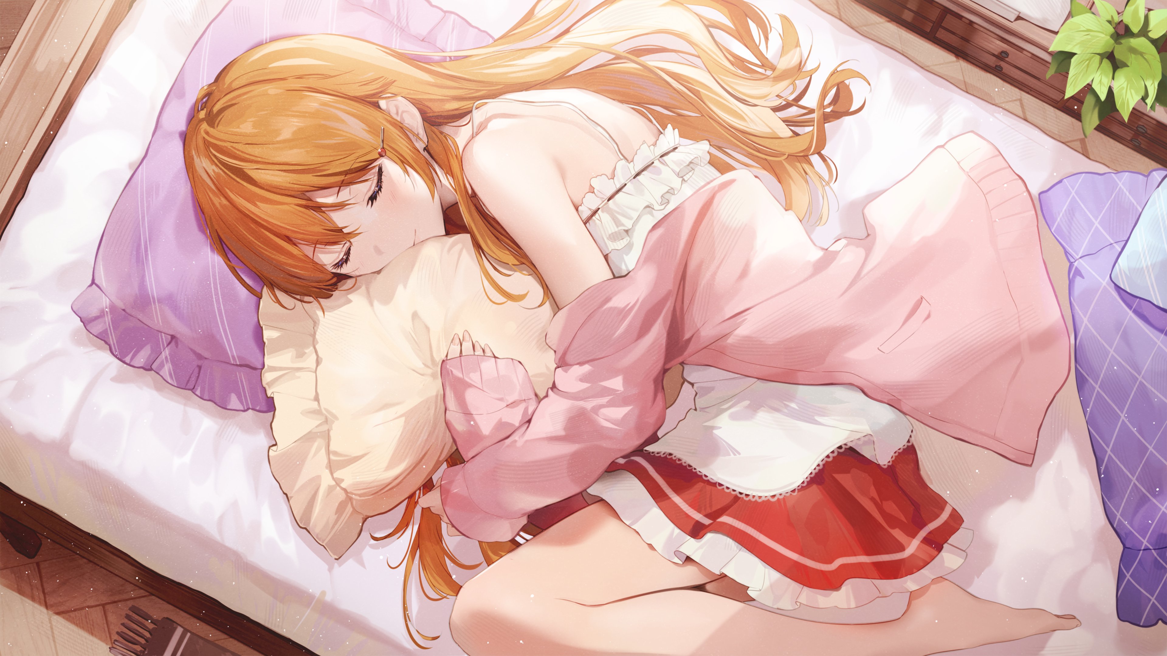 唯美红发 闭眼 动漫 女孩 睡眠 壁纸 3840×2160