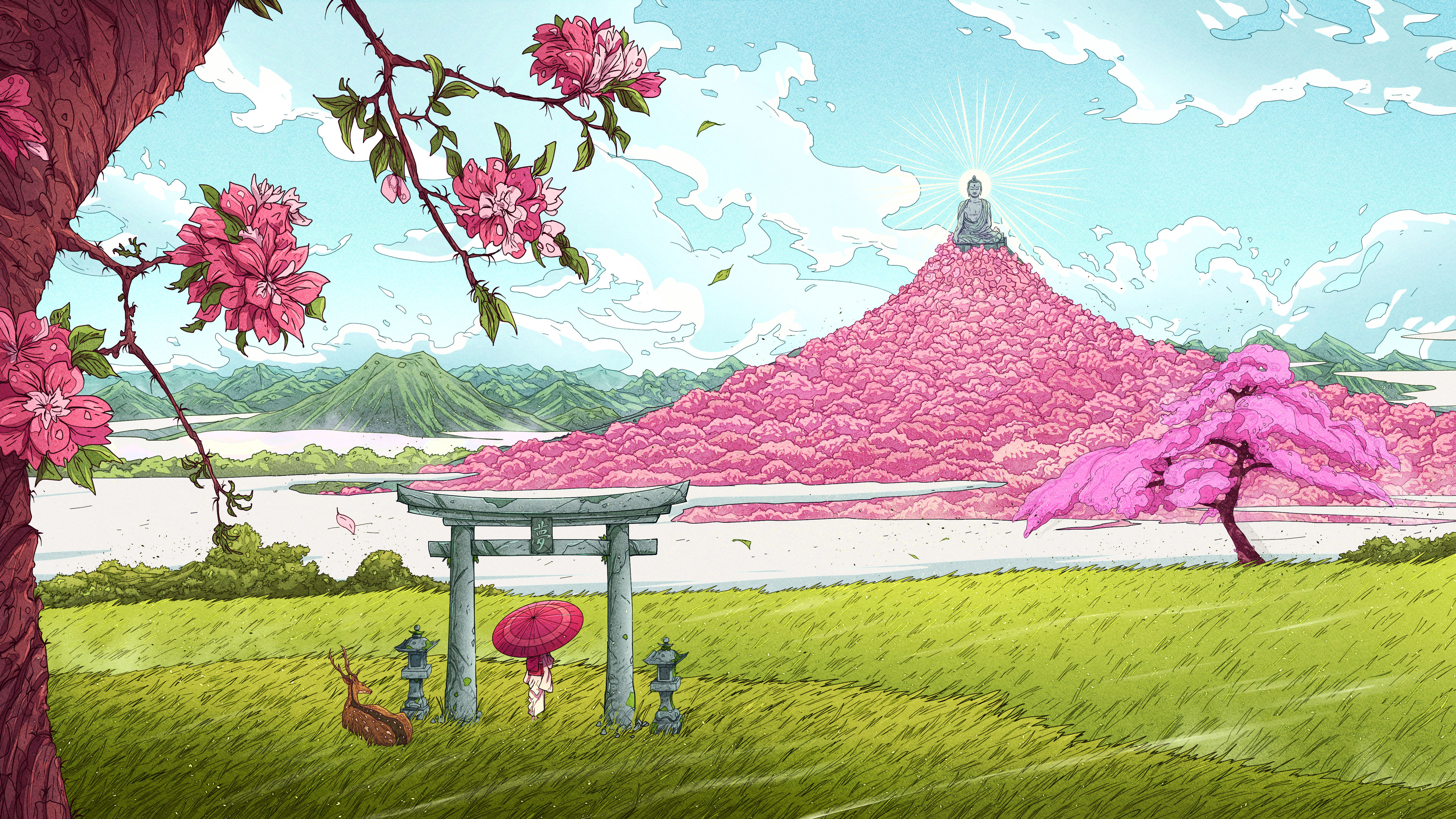 精选AI艺术 奇幻艺术 神道 拱门 鹿 山 粉色 树 花 云 壁纸 3840×2160