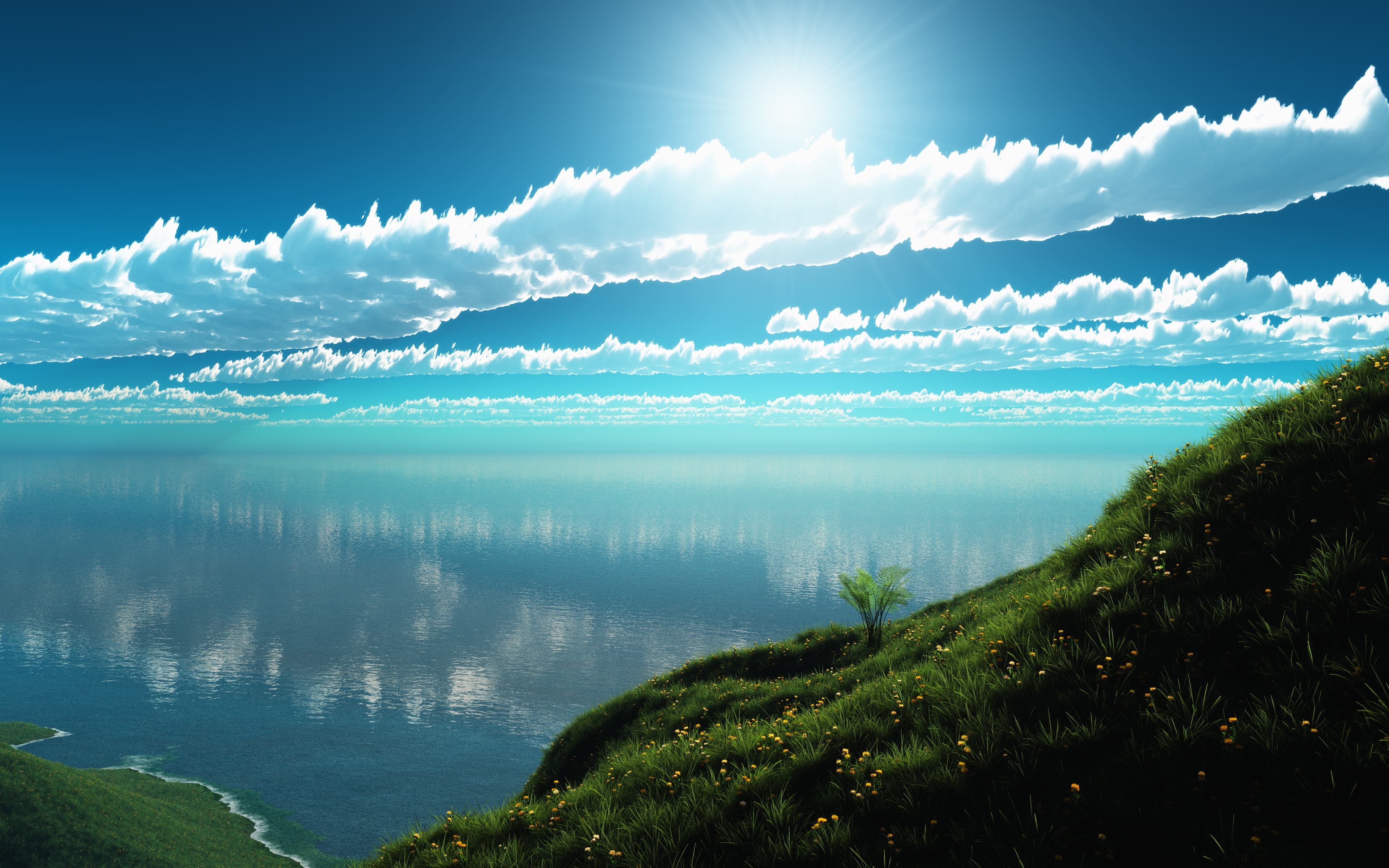 精选云 田野 自然 风景 水 草 天空 壁纸 3840×2400