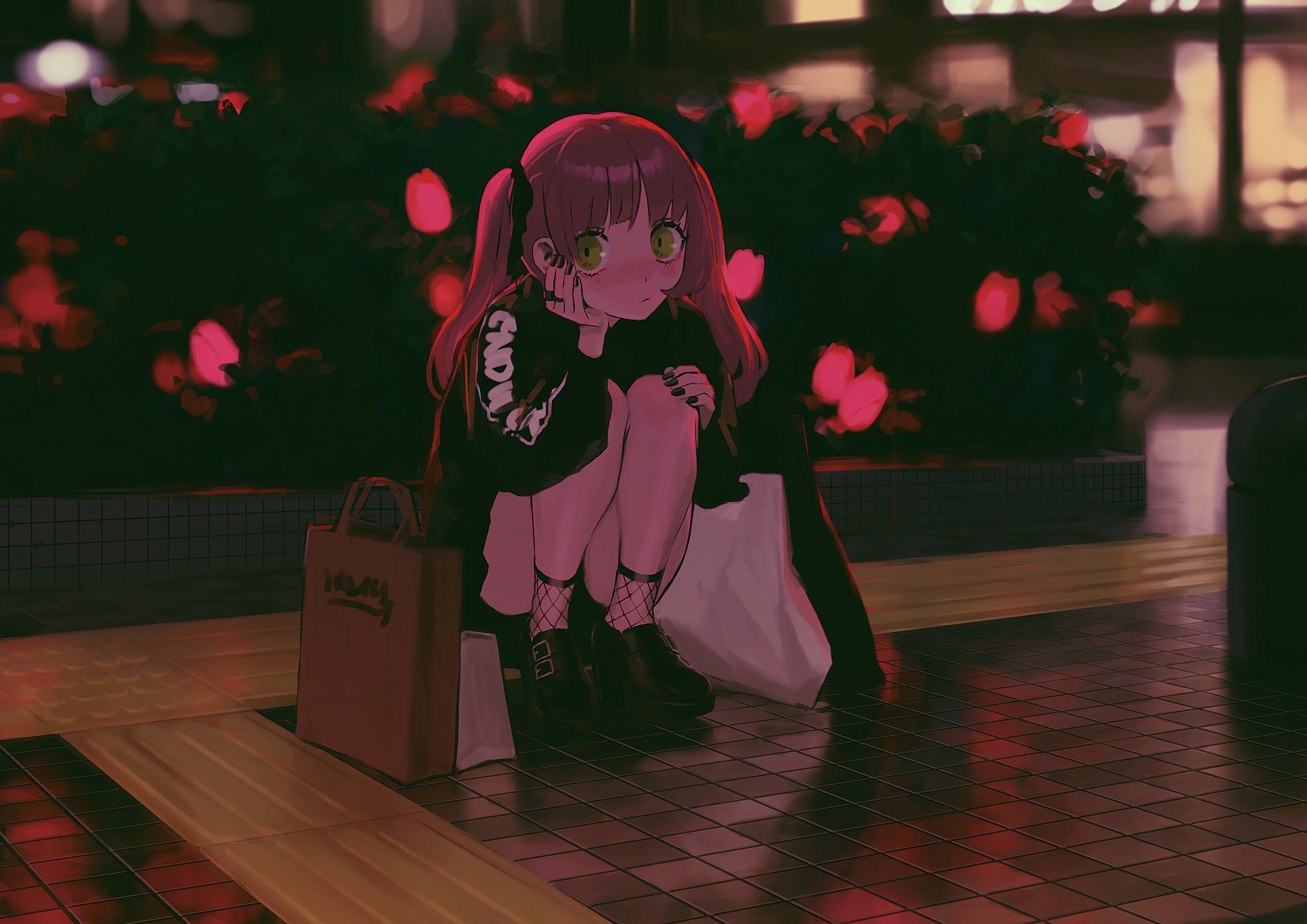 绚丽原创 人物 绿眼睛 刘海 长发 红发 跪着 动漫 女孩 夜晚 双尾 尴尬 哥特式 洛丽塔 4K壁纸 4096×2896