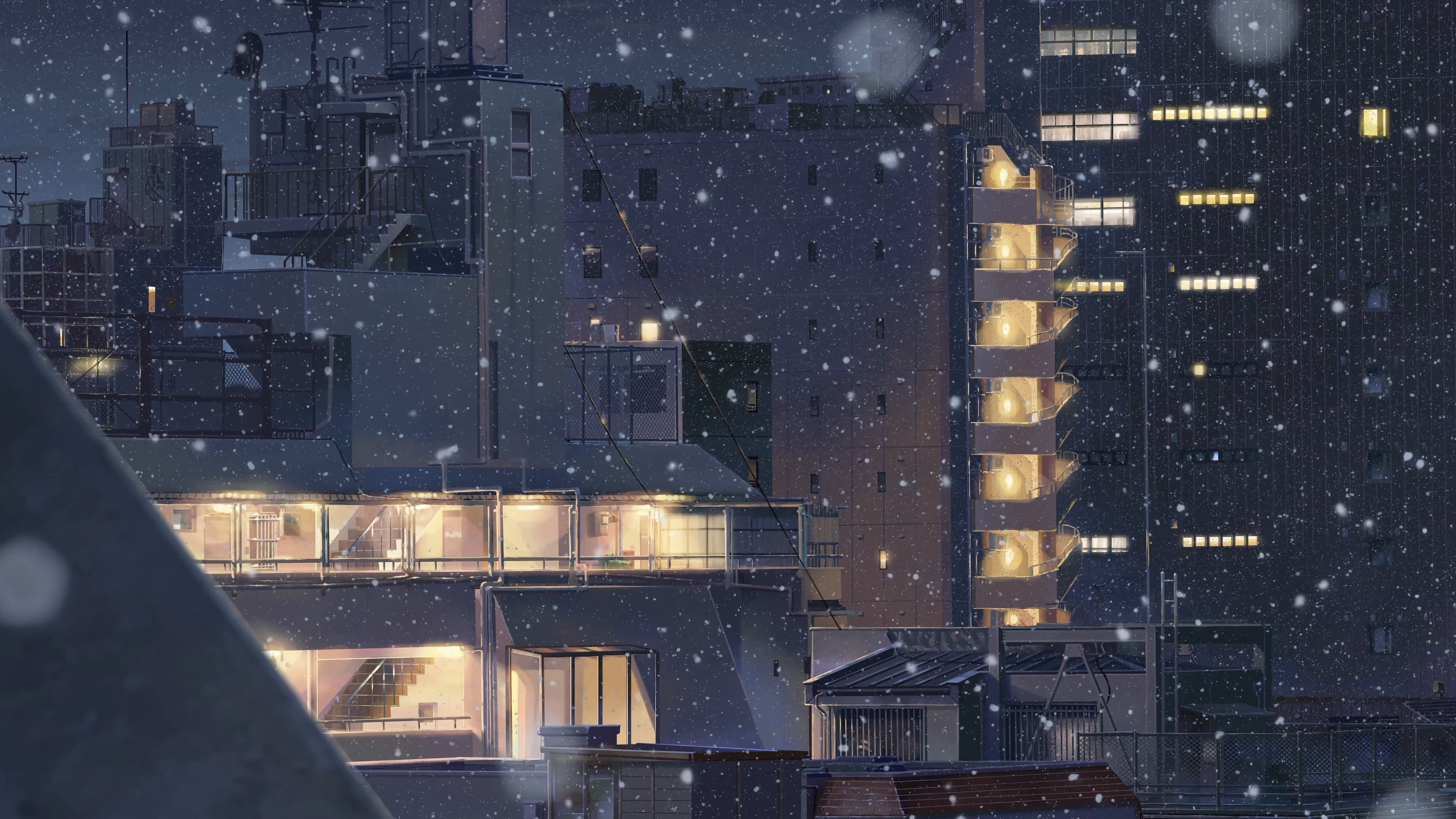 动漫 楼房 雪 飘雪 大雪 夜晚 灯光 壁纸 3840×2160