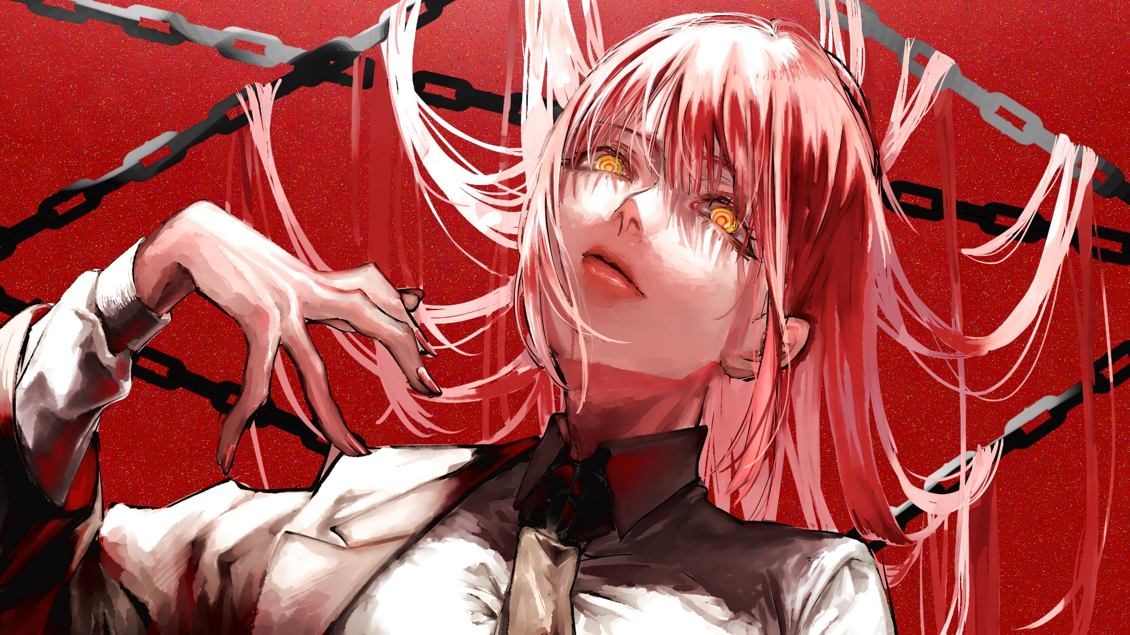红发 电锯人 链 红色背景 黄色眼睛 动漫女孩 壁纸 3840×2160