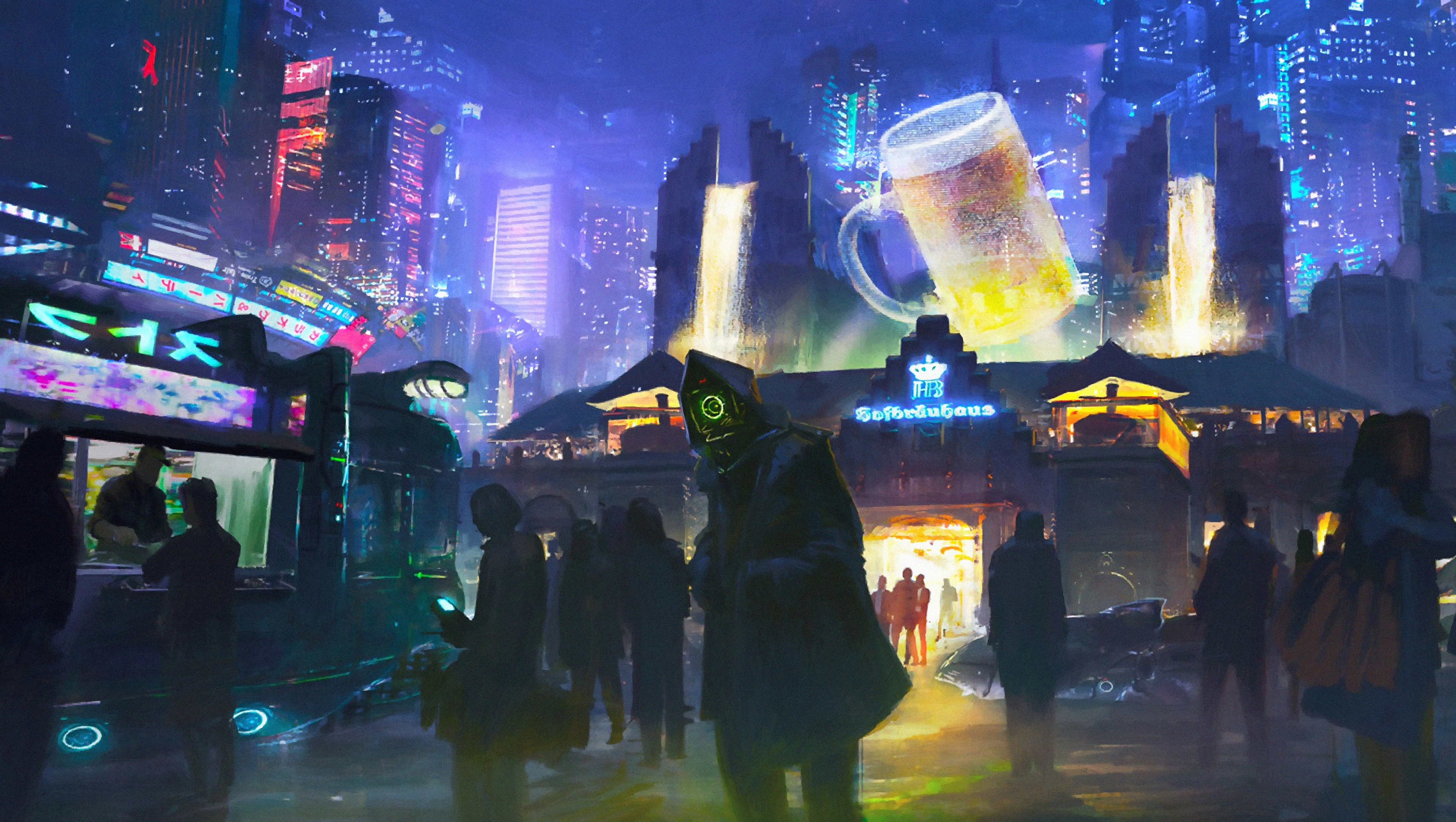 人物 AI艺术 插图 素描 绘画 环境 未来主义 城市 网络 数码城 赛博朋克 霓虹灯 灯光 建筑 摩天大楼 塔楼 夜晚 机器人 啤酒 4K壁纸 3840×2170