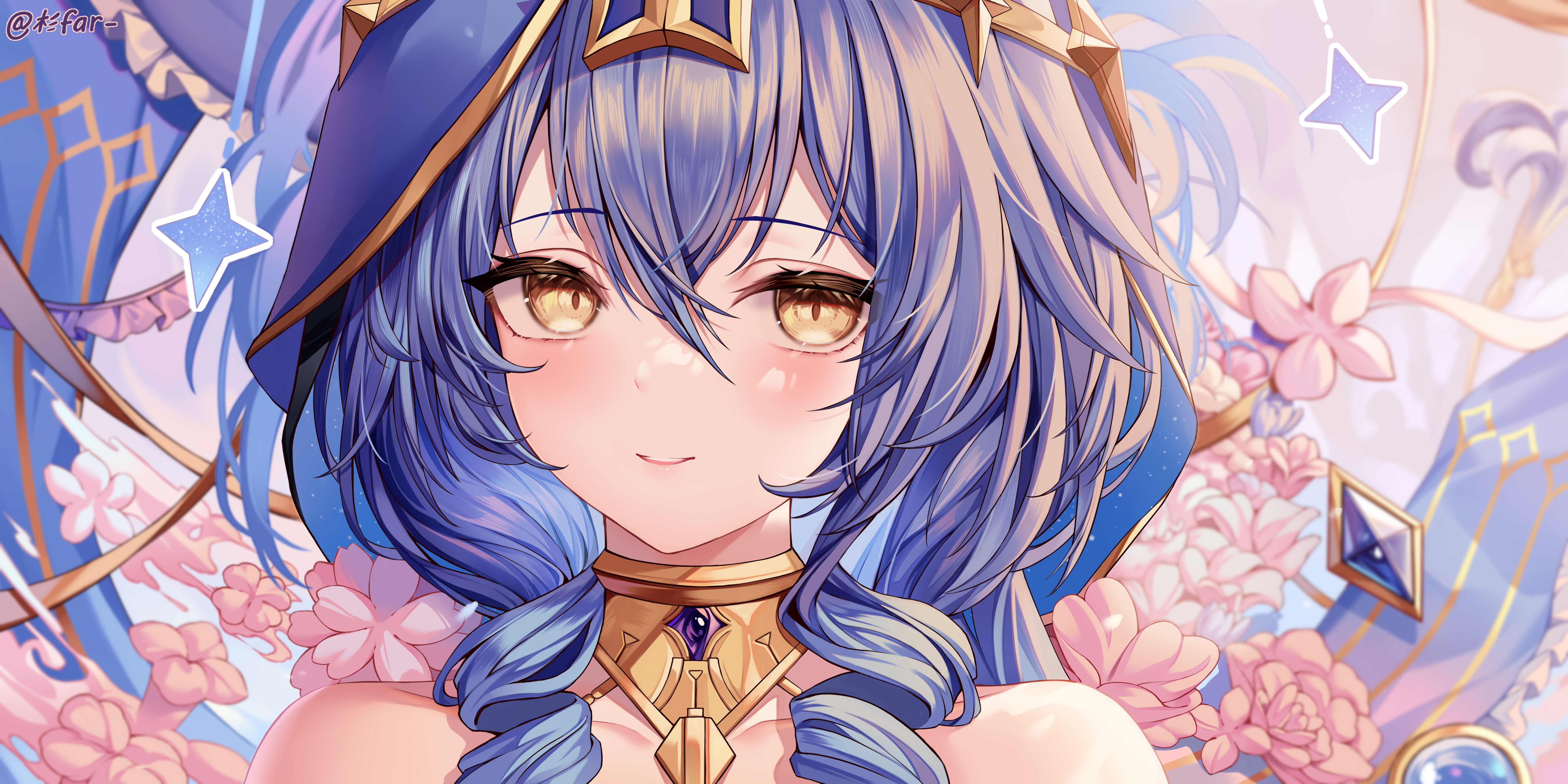 蕾拉 原神 蓝头发 动漫 女孩 黄眼睛 鲜花 壁纸 5790×2897