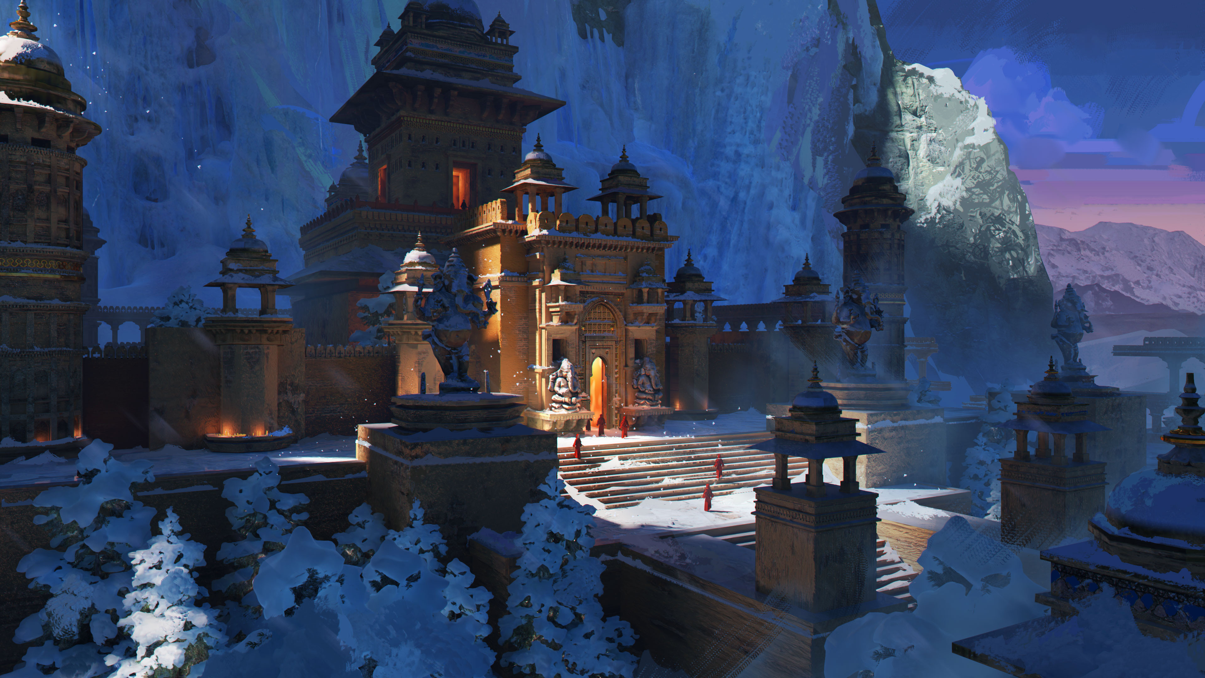 AI艺术 山 树 雪 建筑 寺庙 手机壁纸 3840×2160