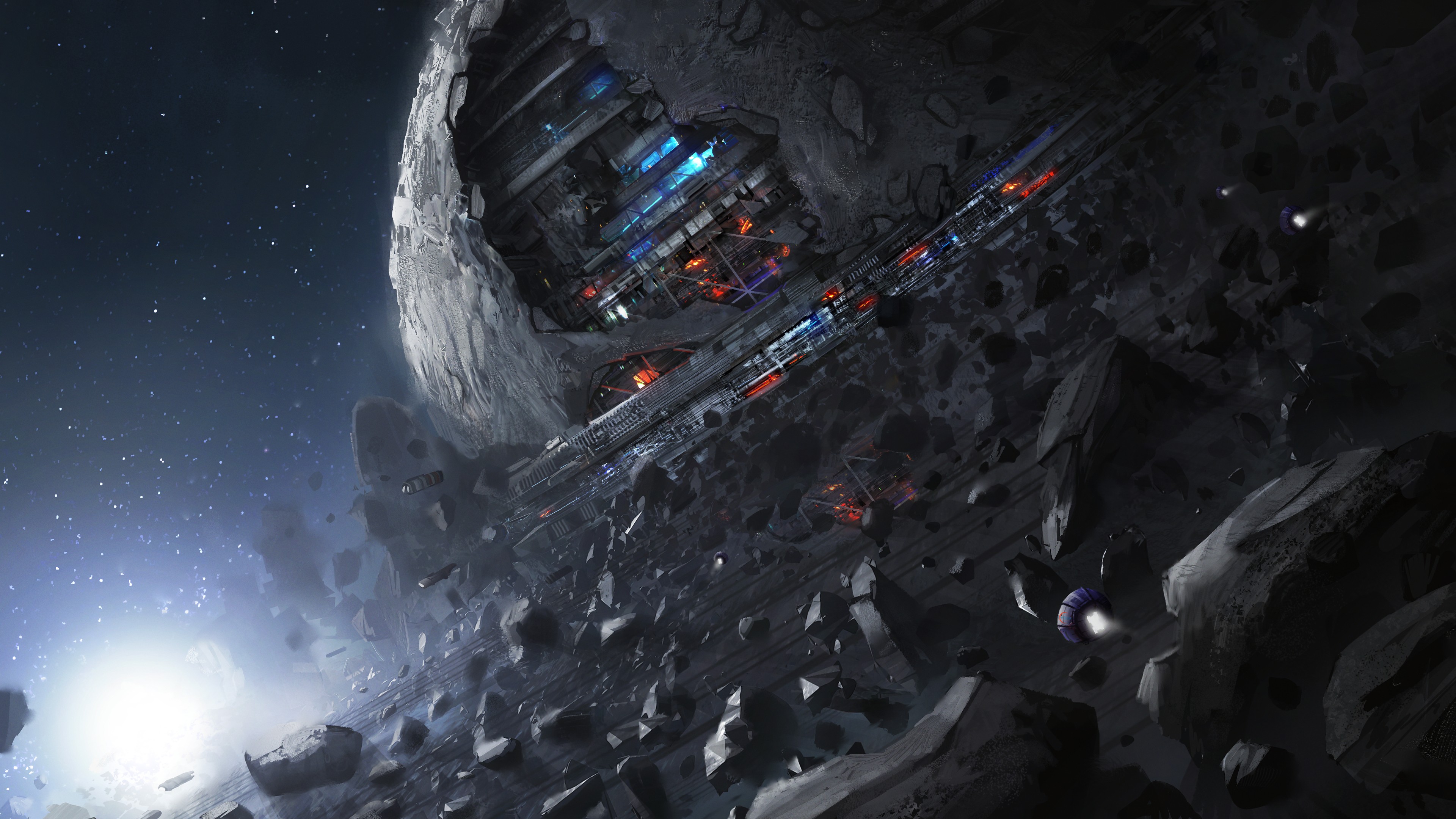 AI艺术 空间 宇宙 岩石 月球 行星 恒星 空间站 建筑 科幻 未来主义 飞船 小行星带 4K高清壁纸 3840×2160