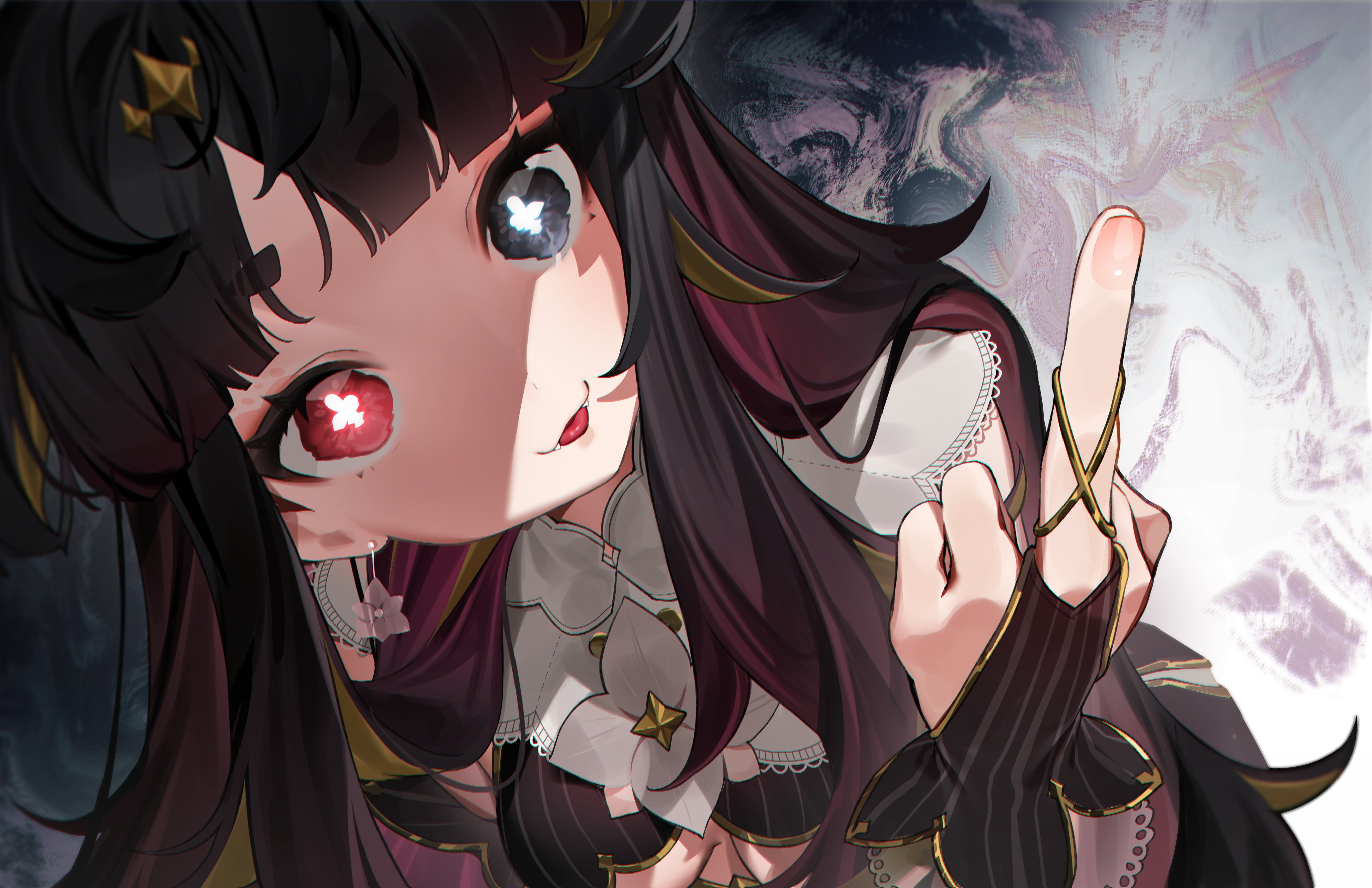 精选舌头 长发 动漫 女孩 异瞳 中指 尖牙 虚拟 耳环 壁纸 4096×2652