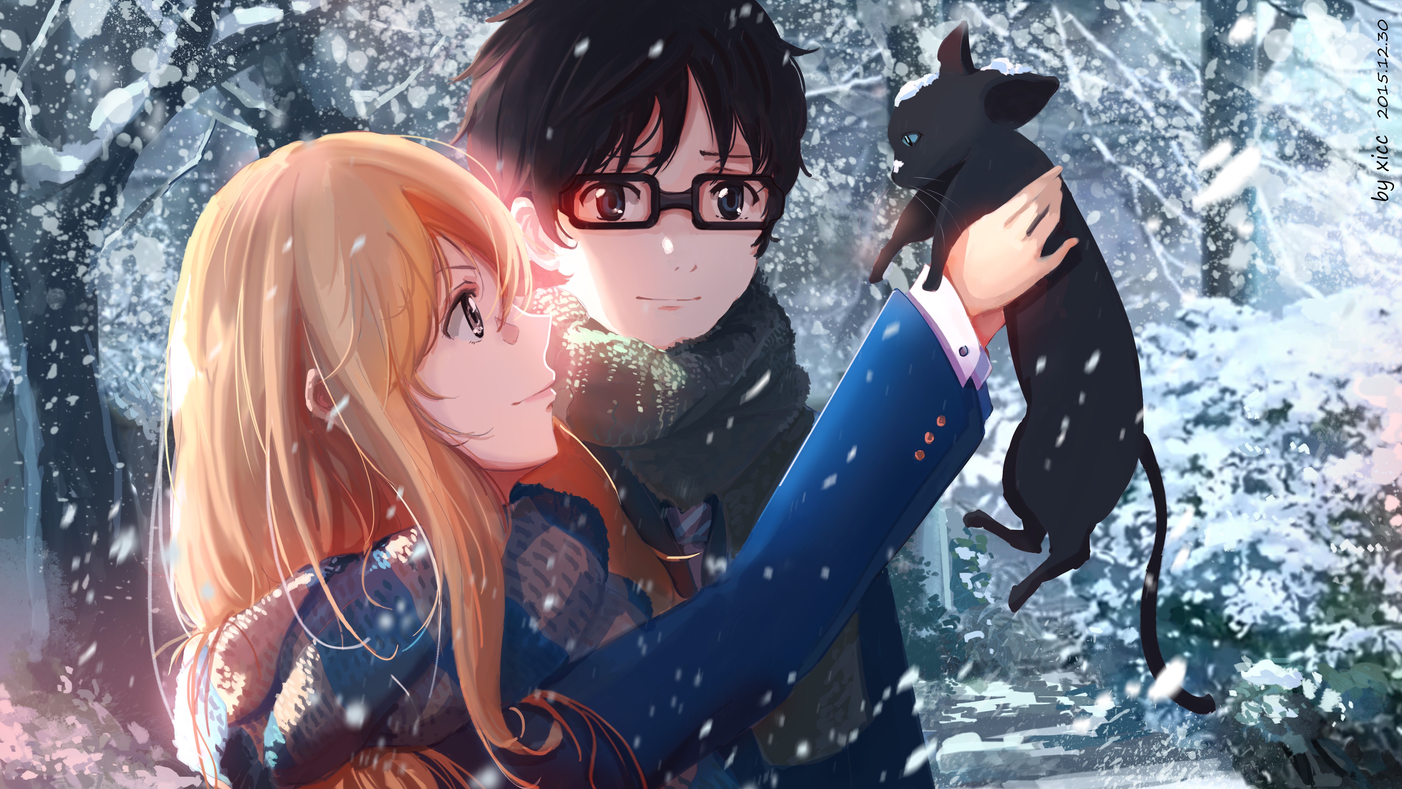 金发 动漫 女孩 猫 漫画 动物 男孩 眼镜 冬天 雪 壁纸 5414×3045