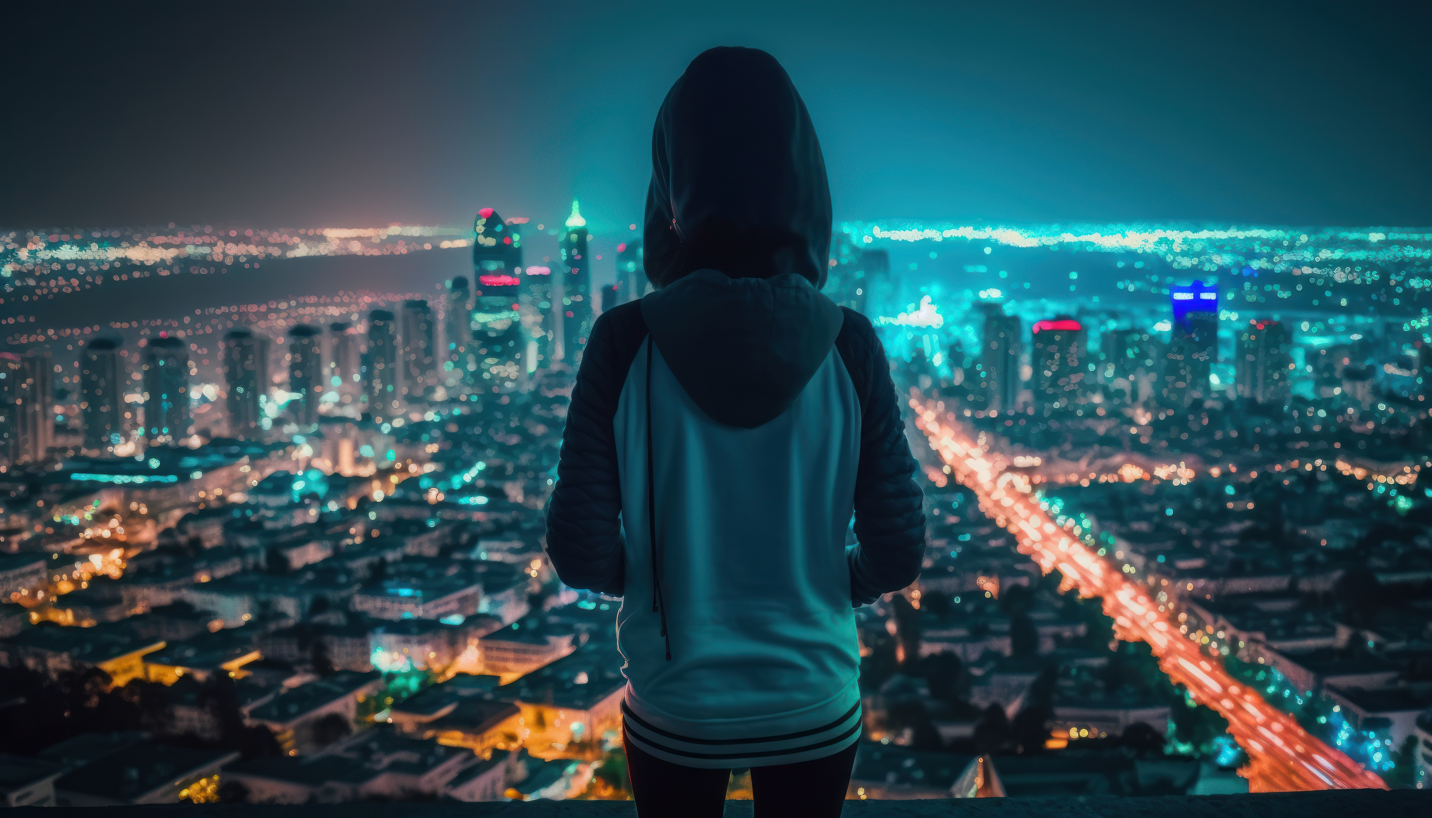 女性 艺术 城市 天际线 夜晚 城市灯光 青色 城市景观 引擎盖 手机壁纸 4579×2616