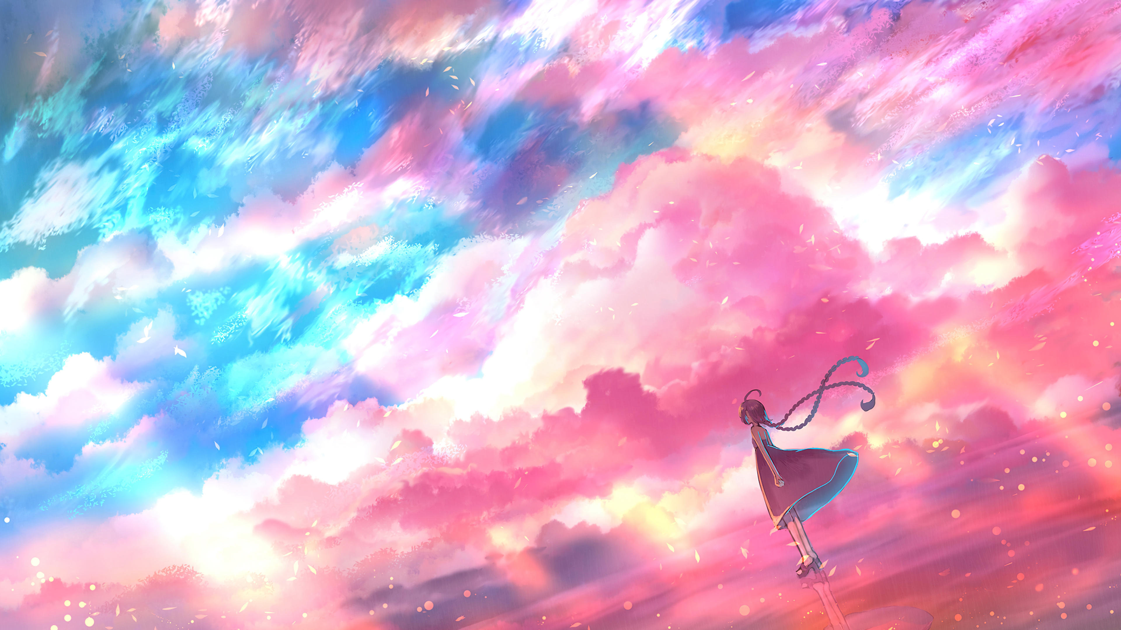 辫子 天空 云 双尾 连衣裙 五颜六色 粉色 高清壁纸 3840×2160
