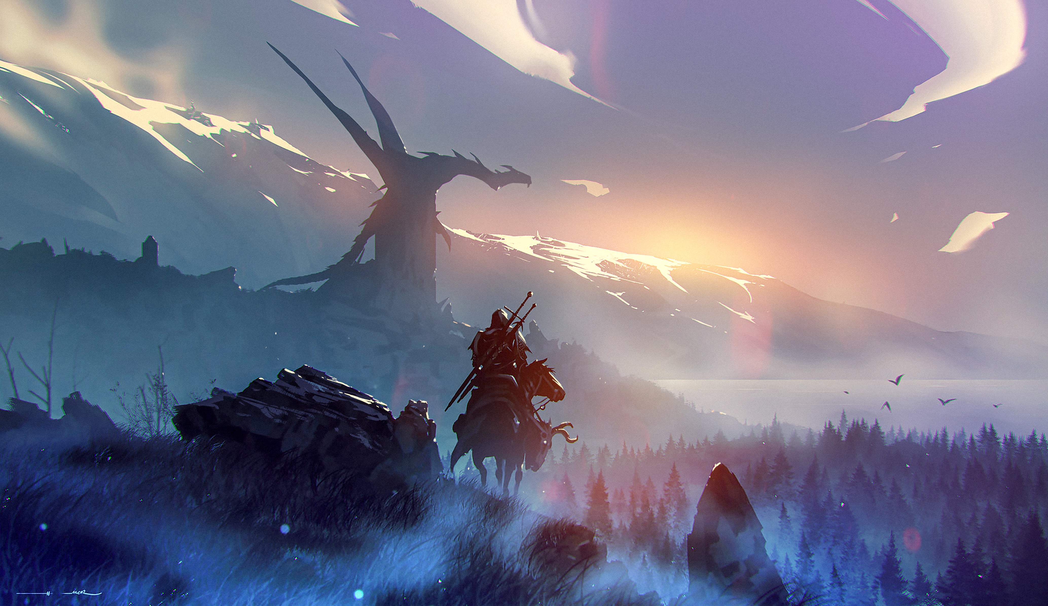 绚丽AI艺术 插图 龙 风景 自然 山 云 巫师 高清壁纸 4134×2393
