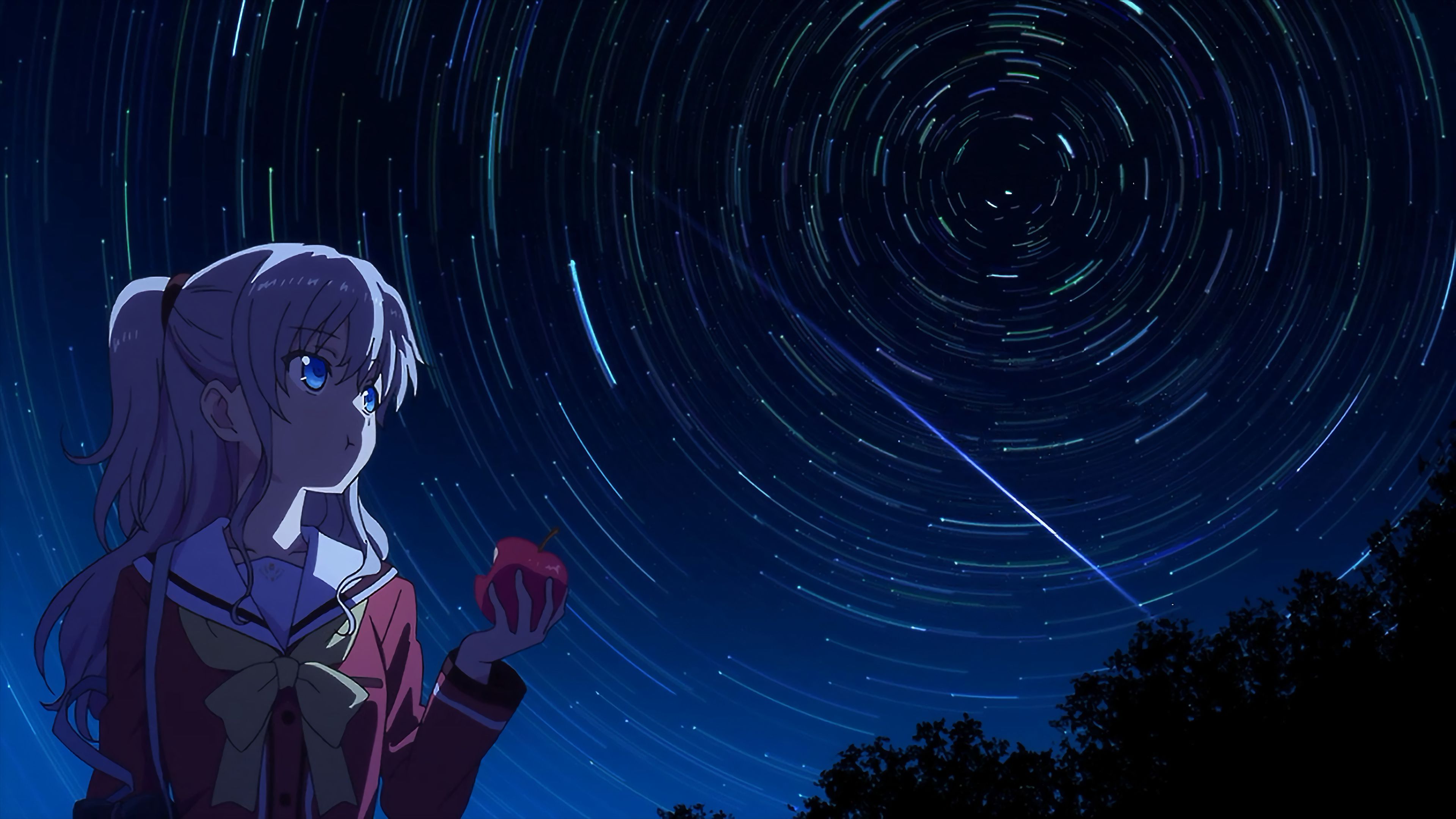 白发 蓝眼睛 长发 马尾辫 夏洛特 动漫 直森 女孩 吃饭 明星 夜晚 苹果 无水印壁纸 3840×2160
