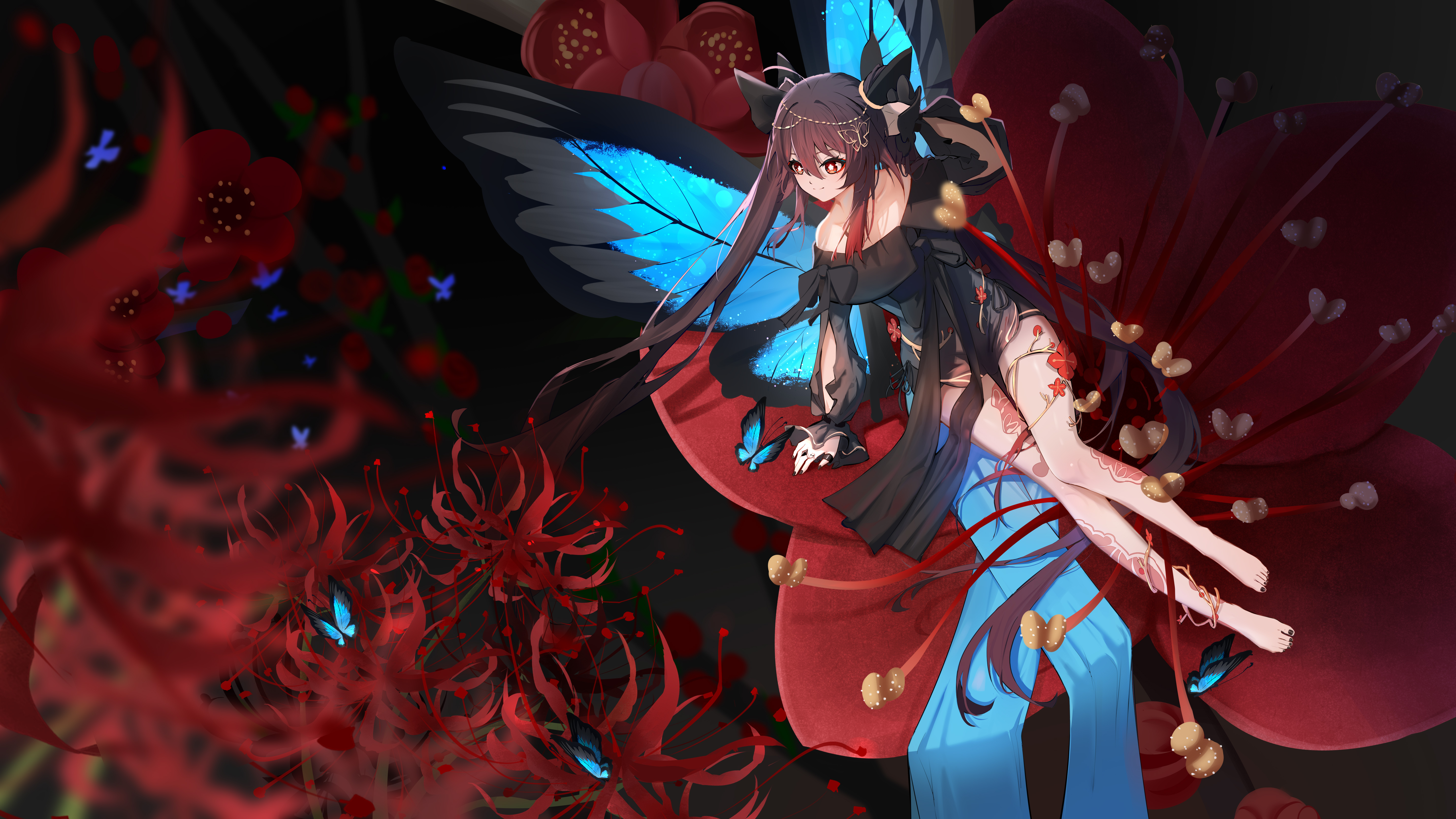 胡桃 原神 腿 动漫 女孩 蝴蝶 翅膀 双尾 花 壁纸 5733×3225