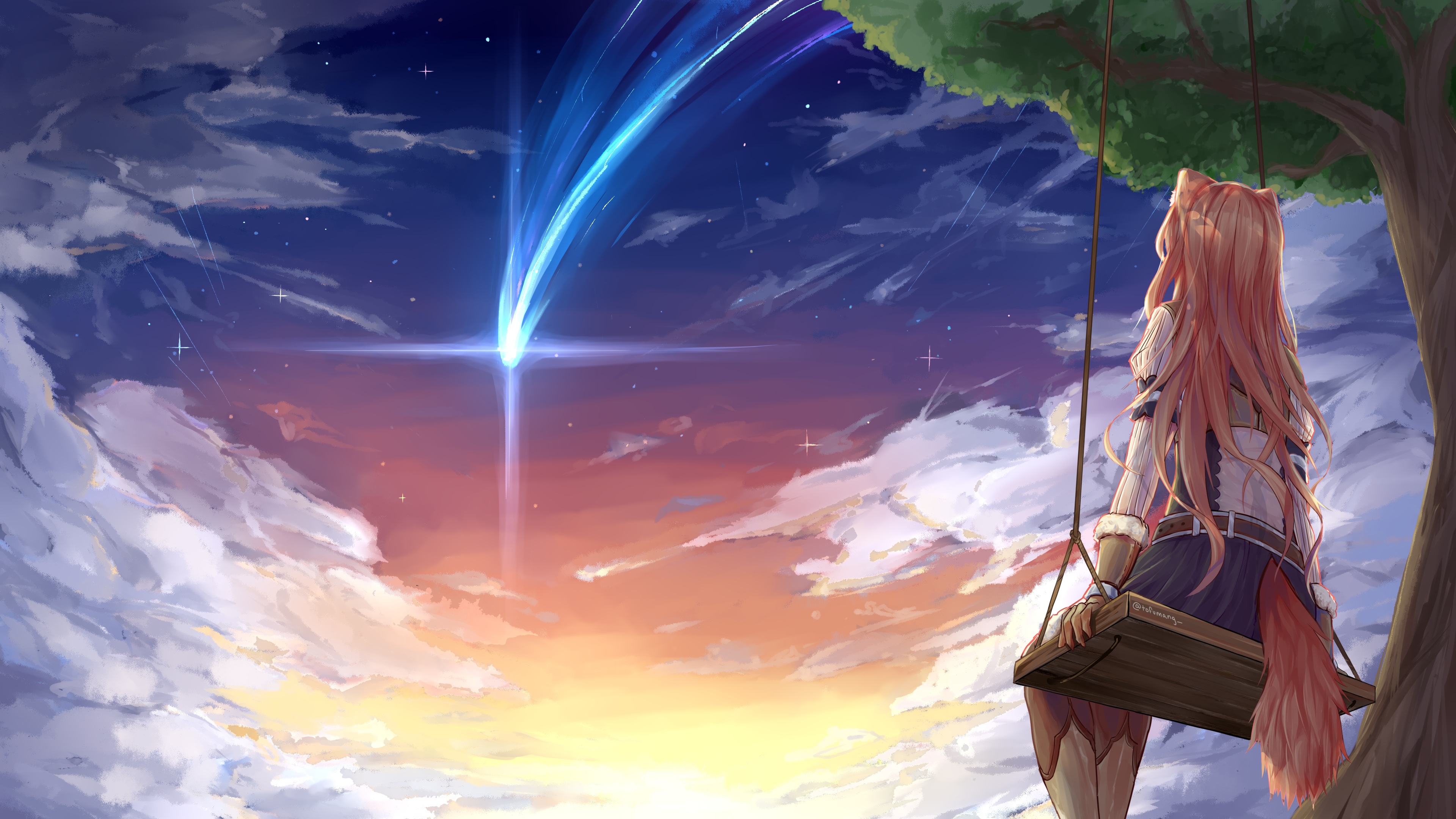 绚丽动画 动漫 流行 天空 秋千 星星 夜晚 狐狸耳朵 耳朵 尾巴 高清壁纸 3840×2160