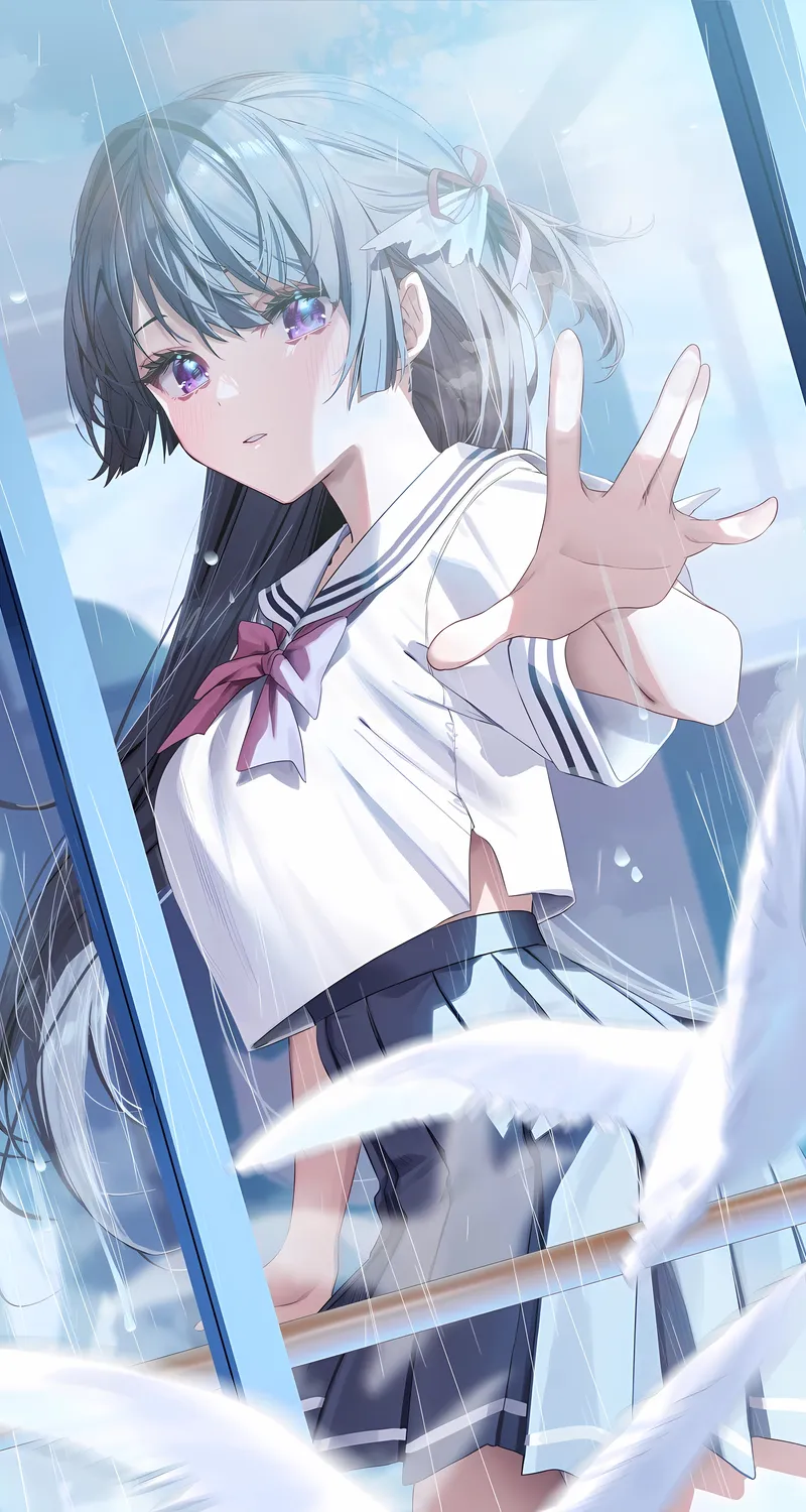 经典女学生 长发 站立 动漫 女孩 校服 小鸟 阳光 倒影 手机 高清壁纸 4348×6136