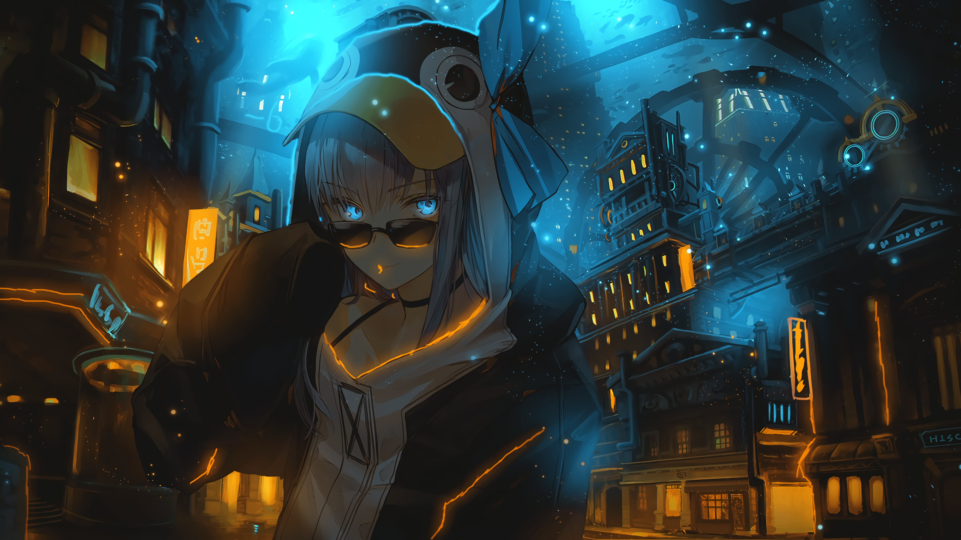 女性 幻想女孩 动漫 女孩 AI艺术 编辑 服装 环境 大气 建筑 水下 灯光 黄昏 黑暗 摩天大楼 动物 无水印壁纸 3840×2160