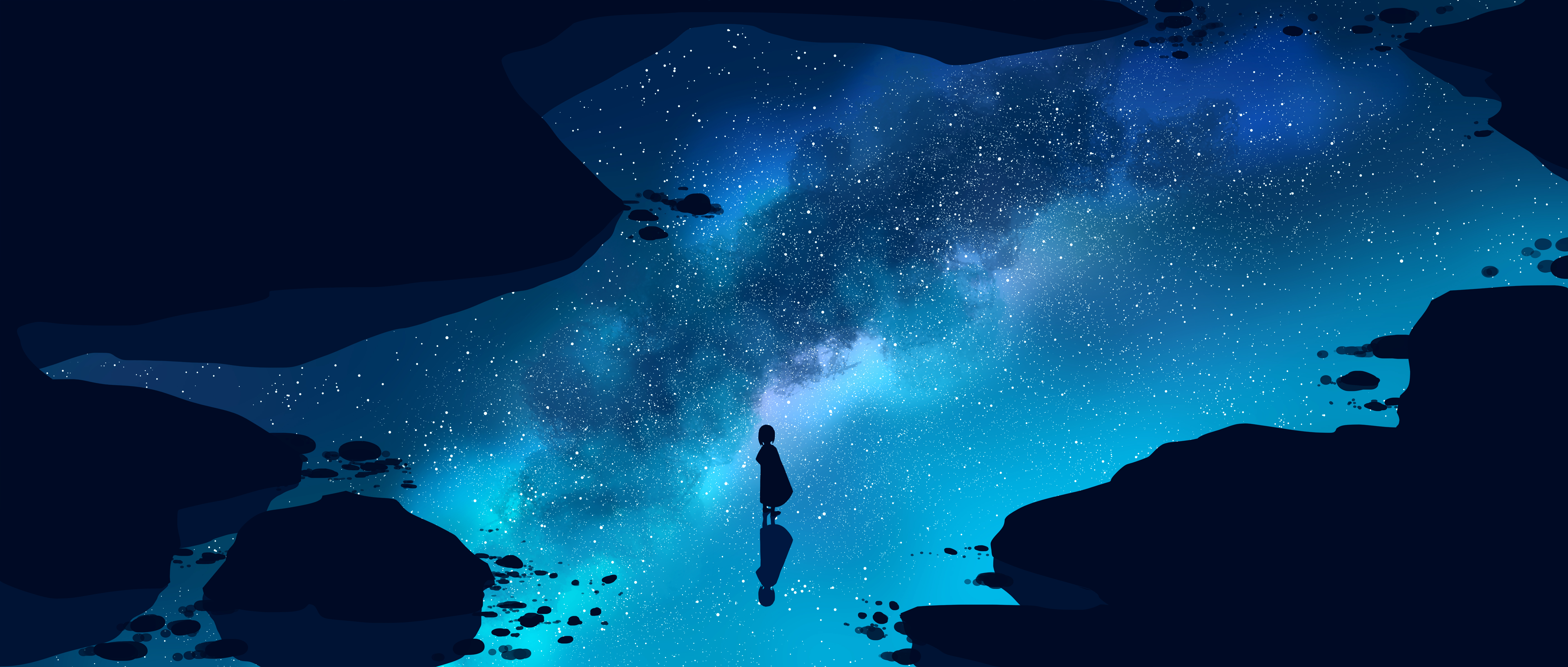 优雅 动漫 天空 女孩 星星 星景 简单背景 极简主义 桌面壁纸 5640×2400