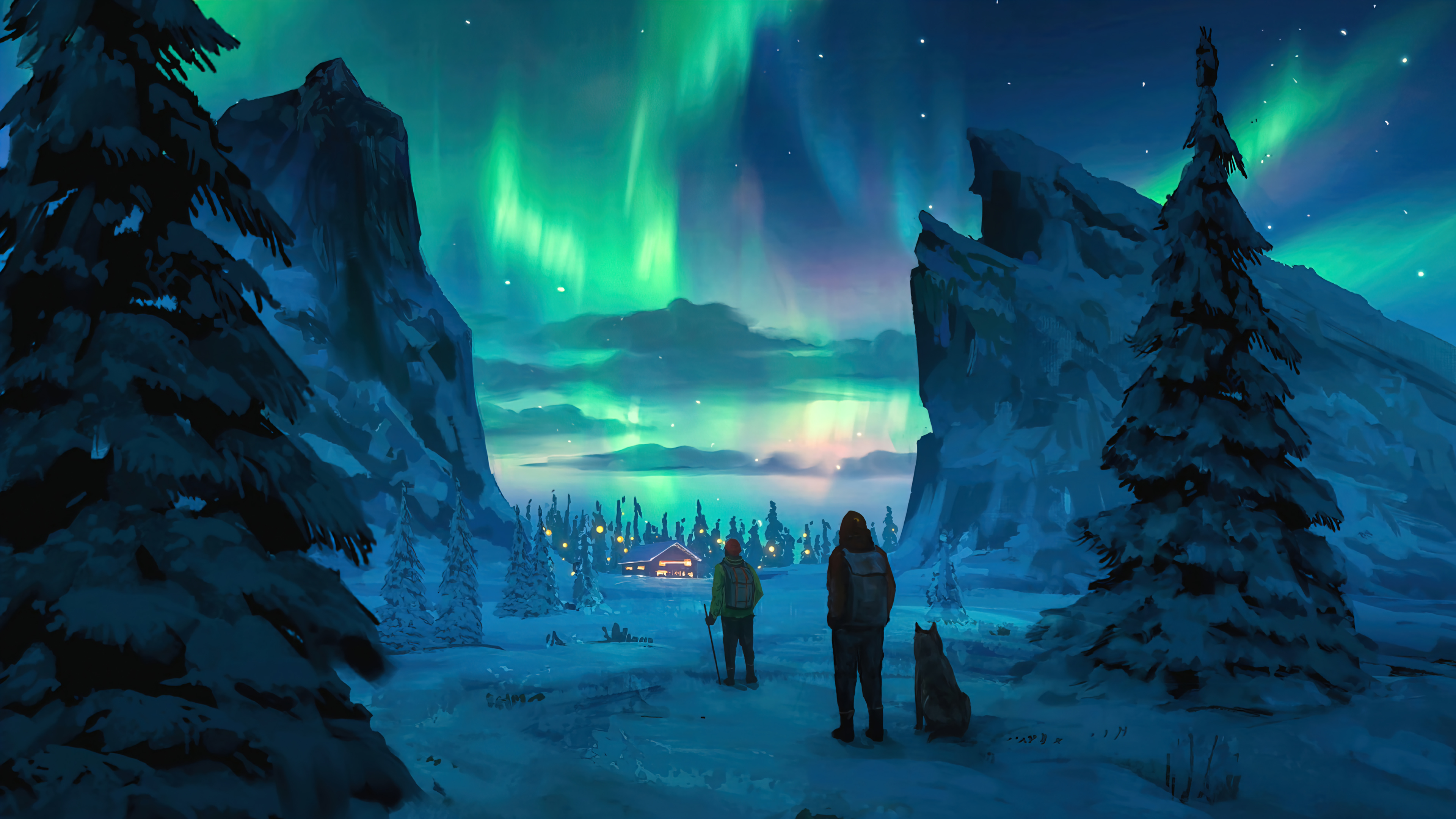 绚丽极光 雪 AI艺术 夜 天空 图片 绘画 松树 灯光 无水印壁纸 3840×2160