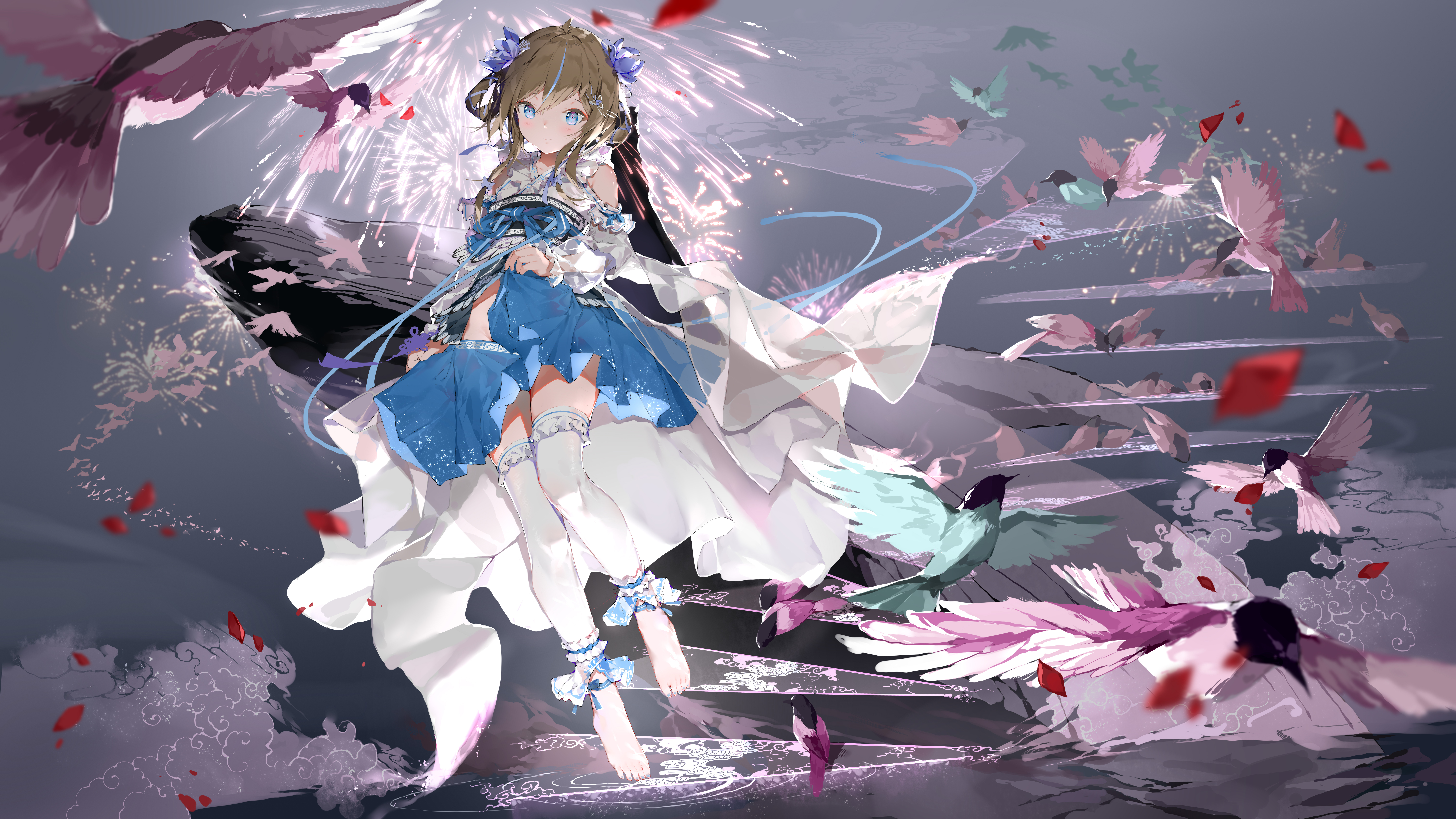金发 碧眼 动漫 女孩 花瓣 小鸟 楼梯 长袜 4K高清壁纸 8640×4860