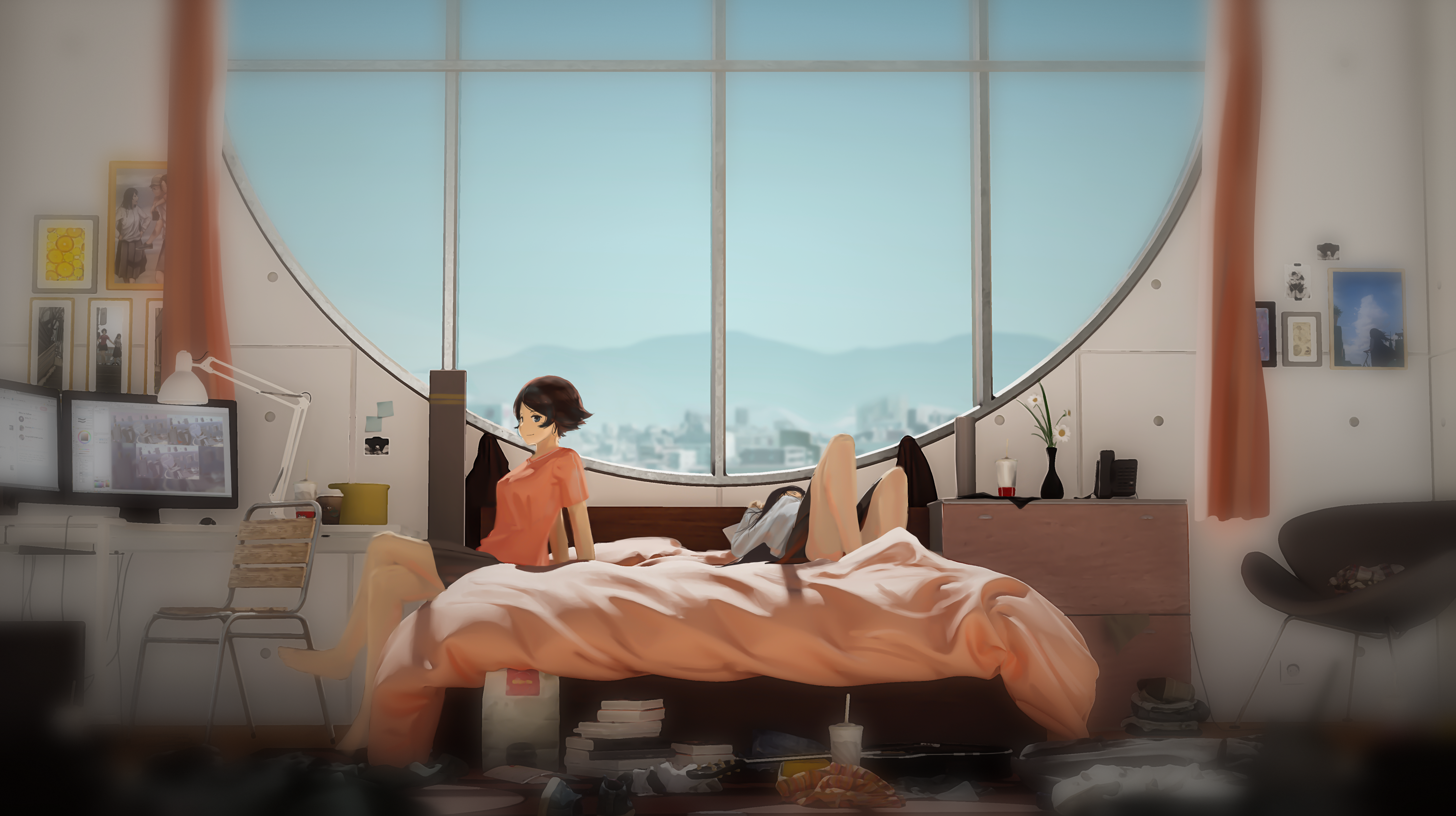床上 动漫 女孩 窗户 桌子 台灯 椅子 4K高清壁纸 5433×3046