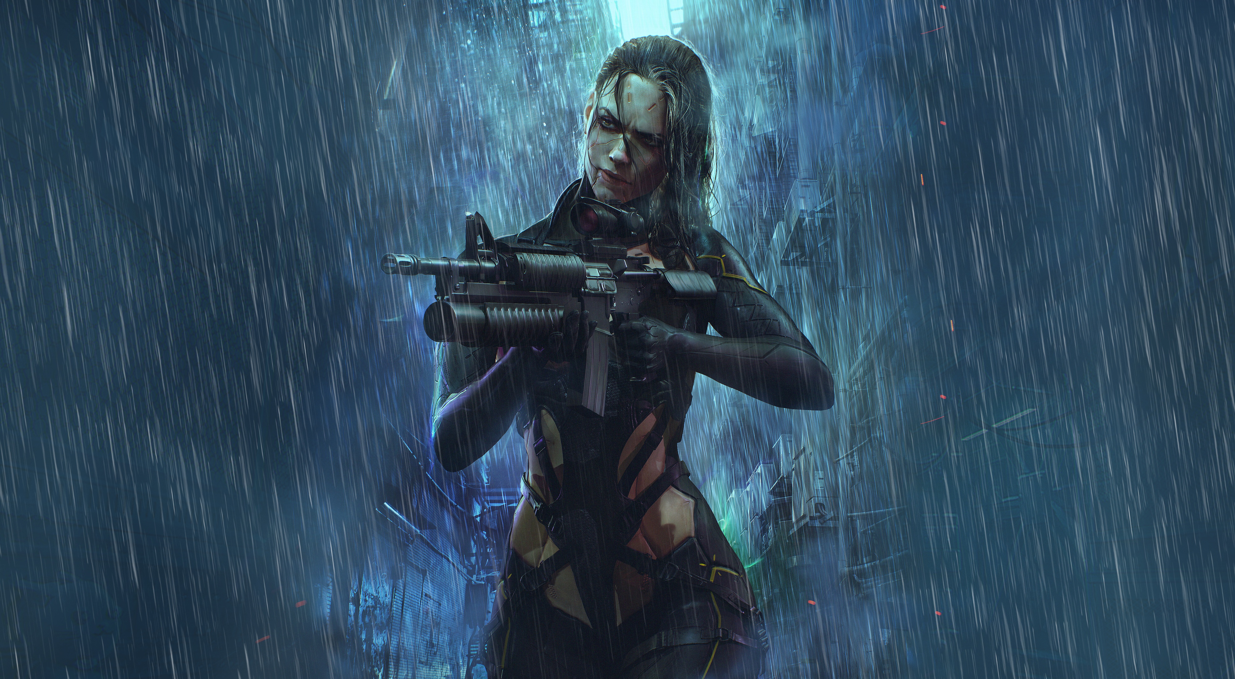 绝美女性 武器 机械人 赛博朋克 桌面壁纸 4000×2200