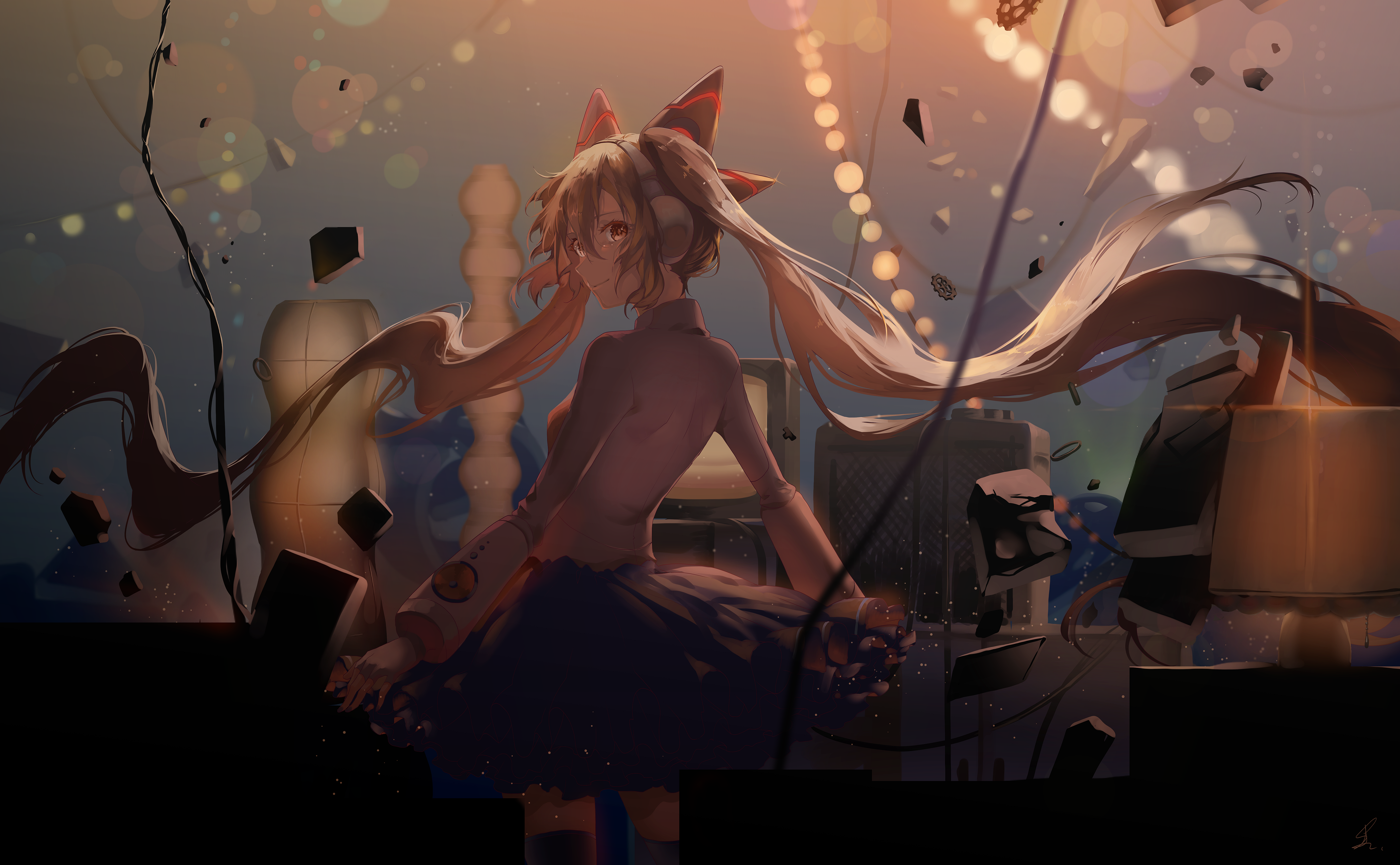 长发 肩膀 初音 小提琴 动漫 女孩 双尾 耳机 衬衫 裙子 灯光 奇幻艺术 素描 AI艺术 插图 壁纸 4109×2537