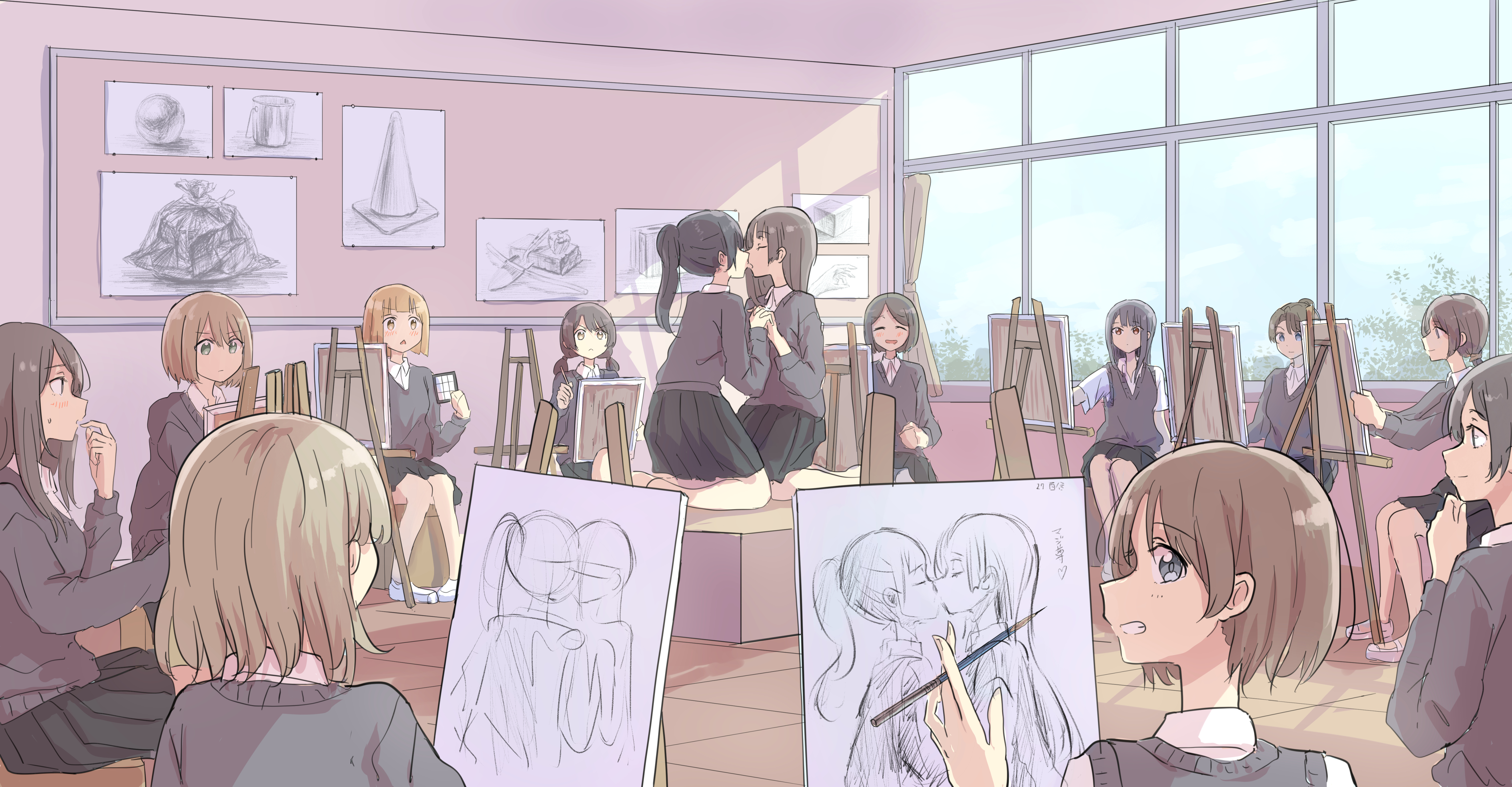 高清原创 角色 斗鱼 动漫 女孩 校服 接吻 尤里 手机壁纸 4913×2557