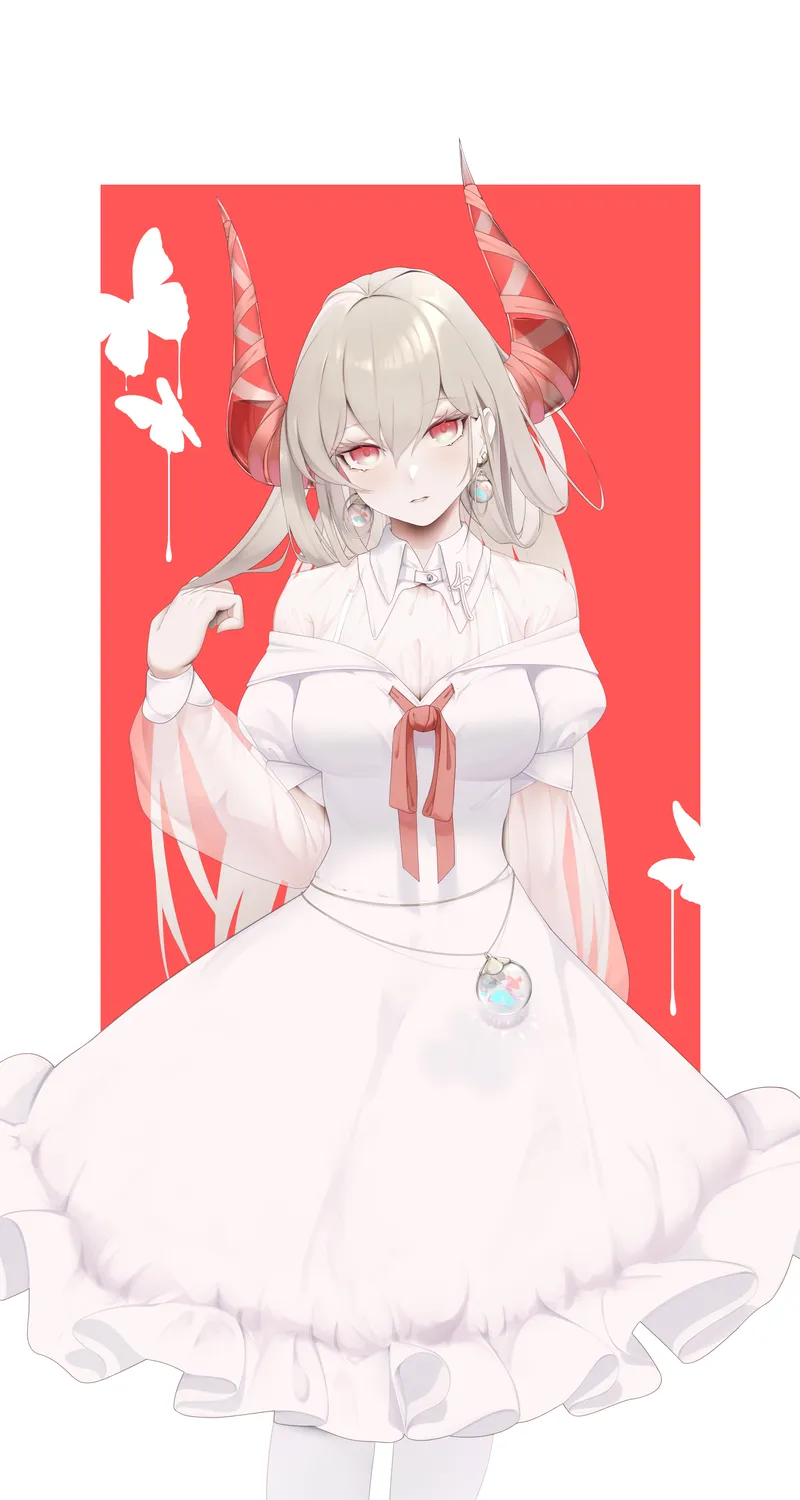 高清原创 人物 红眼睛 动漫 女孩 角 灰色头发 连衣裙 手机 高清壁纸 4200×6500