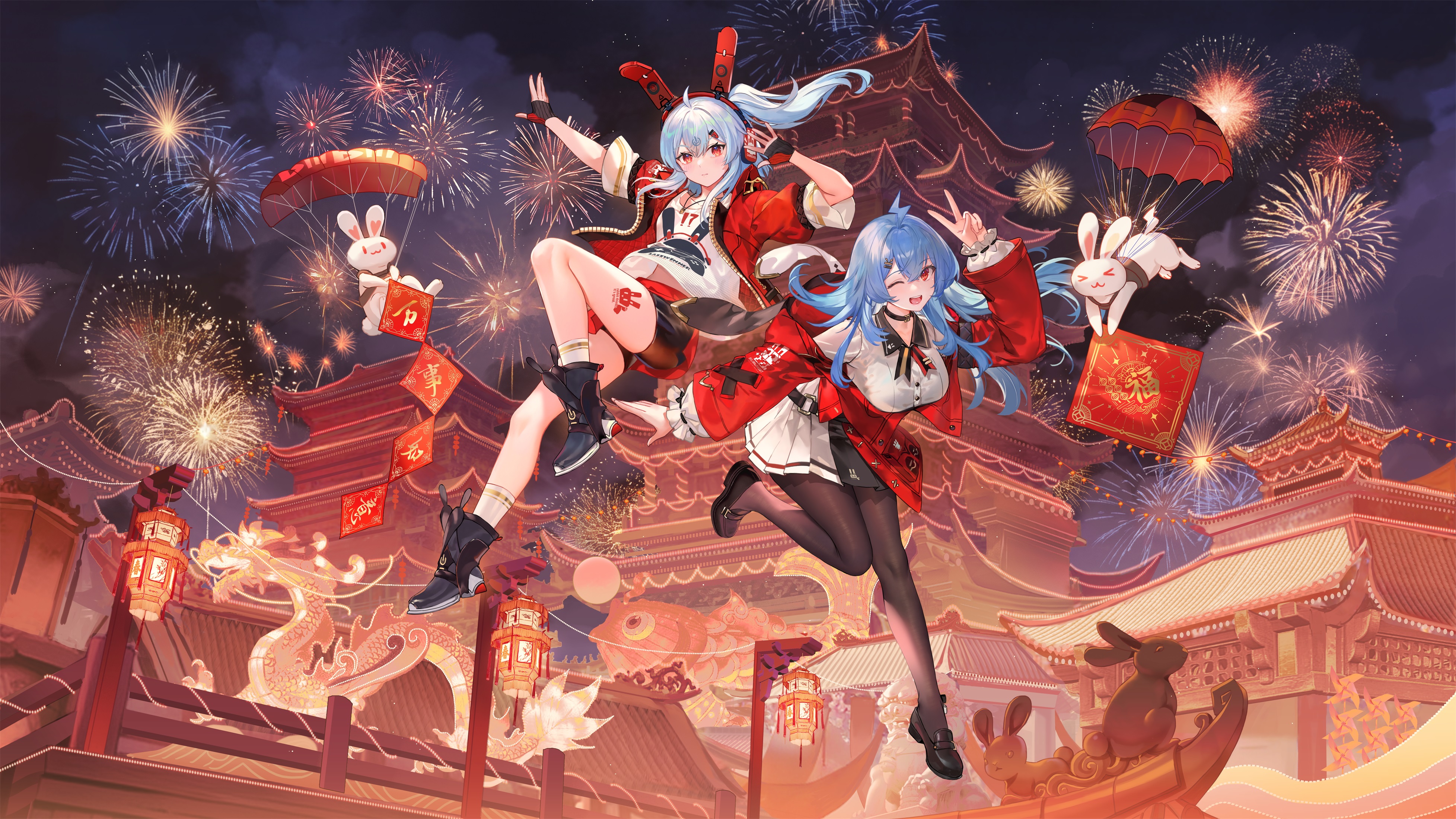 动漫 女孩 烟花 兔耳朵 2233娘 22娘 33娘 4K高清壁纸 3911×2200