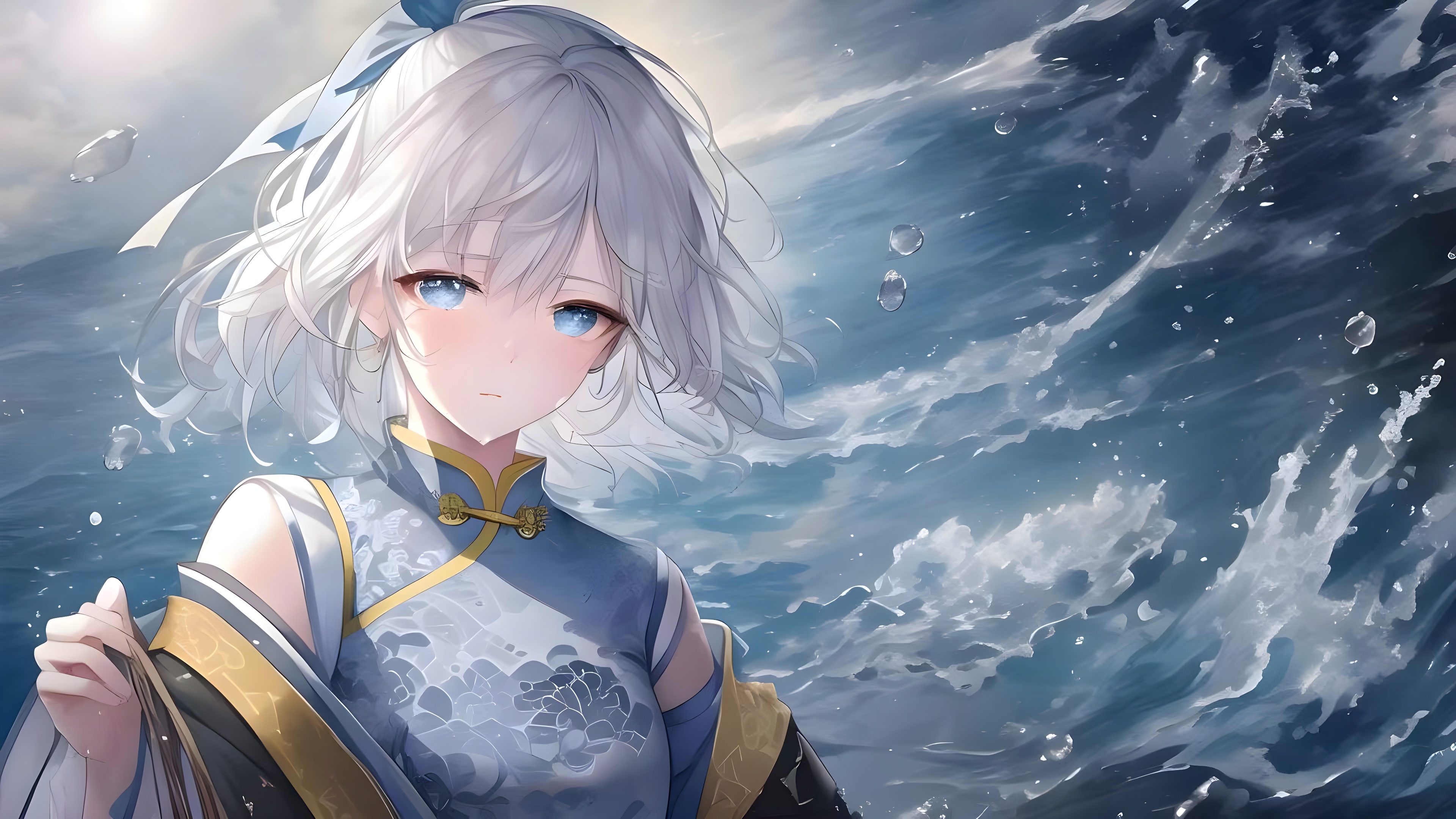 蓝眼睛 AI艺术 动漫 女孩 国风 汉服 水 银色头发 壁纸 3840×2160
