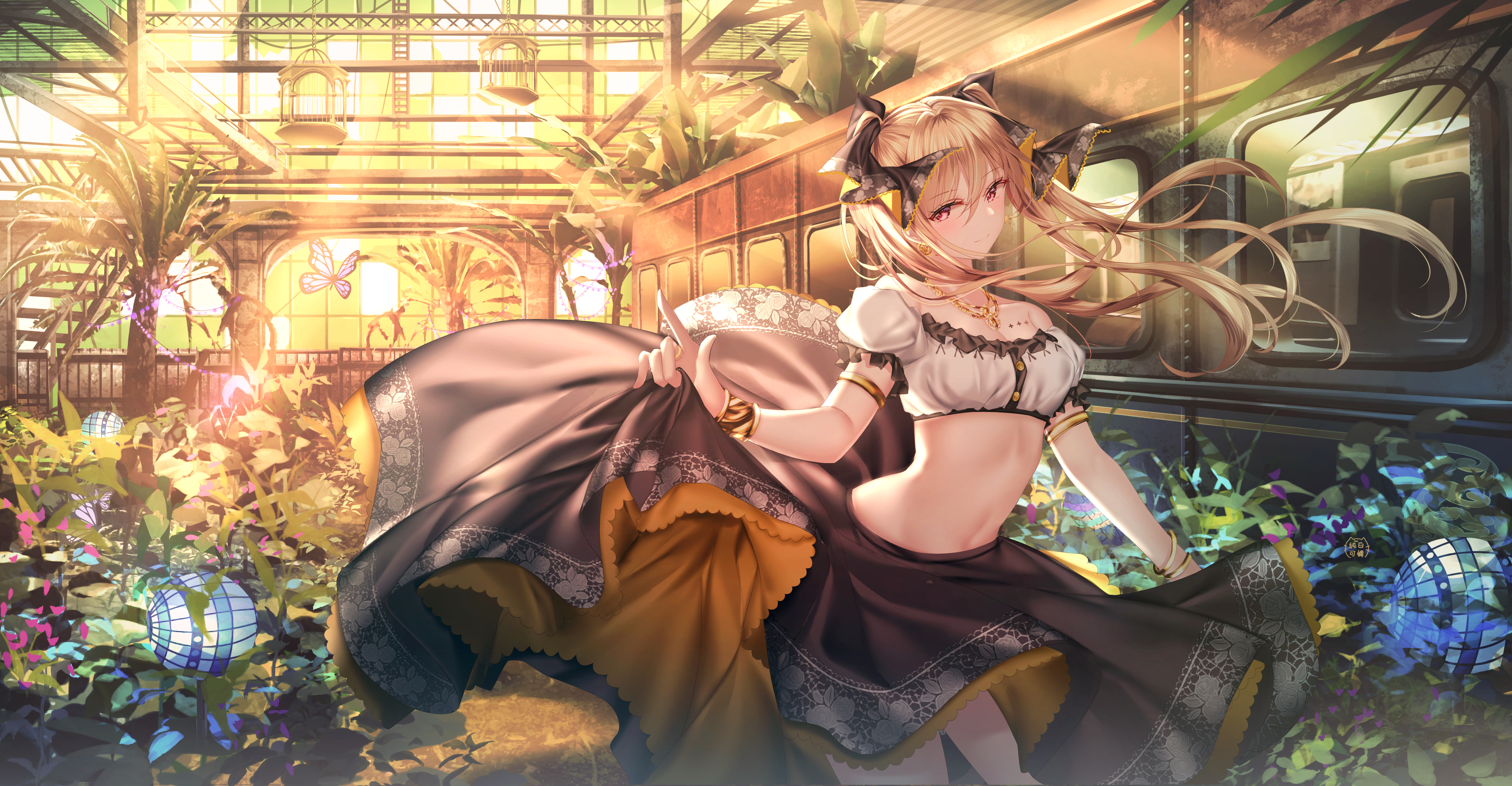 热门原创 人物 金发 长发 微笑 肩膀 腹部 动漫 女孩 双尾 发结 发饰 项链 短上衣 裙子 鲜花 植物 阳光 笼子 蝴蝶 绘图 AI艺术 手镯 臂章 珠宝 无水印壁纸 4760×2476