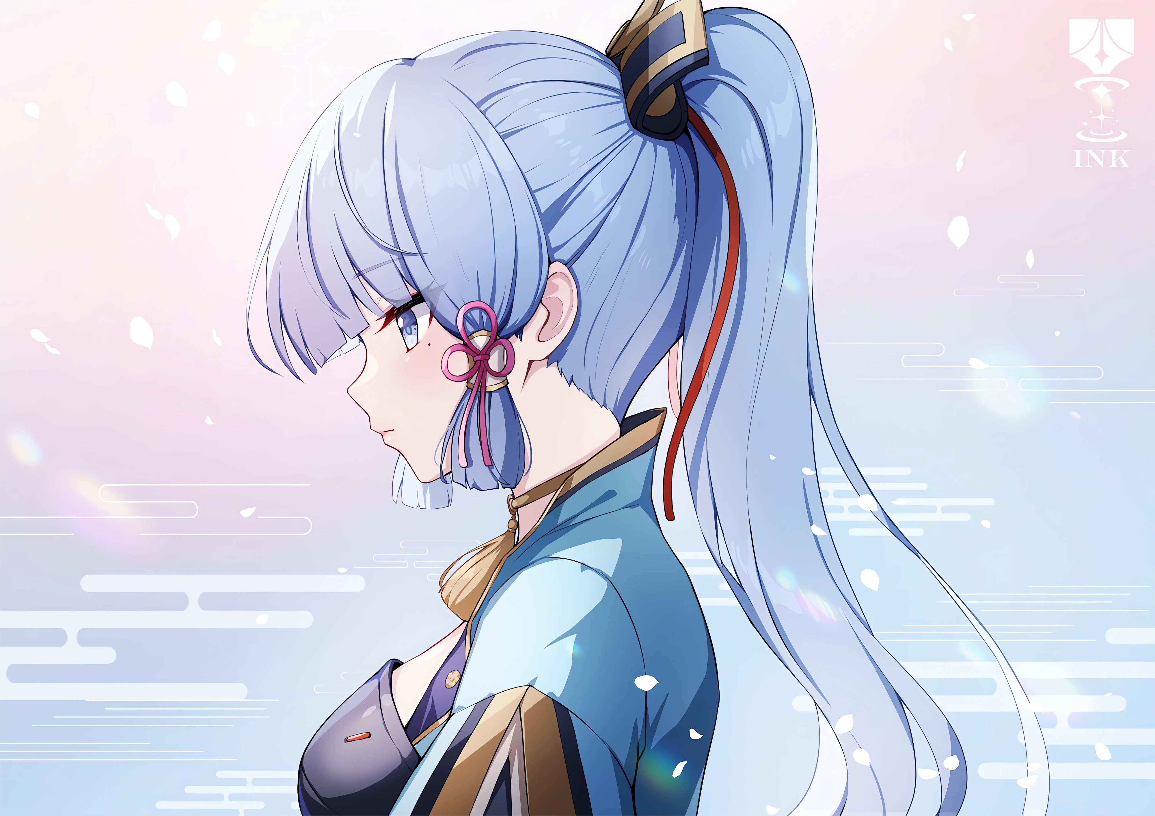 长发 马尾辫 痣 泪痣 蓝色头发 蓝色眼睛 动漫 女孩 极简主义 简单背景 花瓣 4K高清壁纸 4000×2828