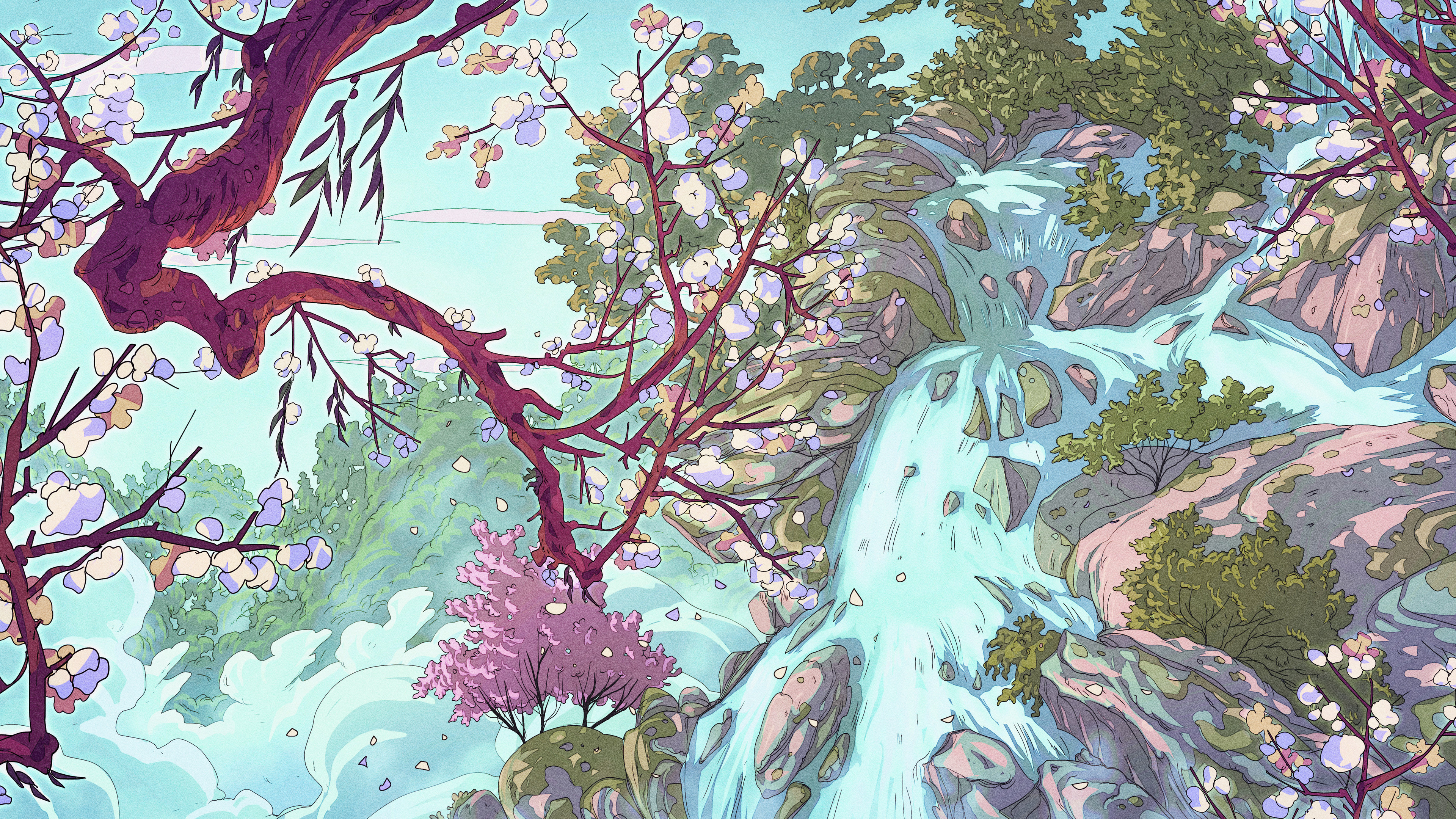 AI艺术 奇幻艺术 瀑布 花瓣 水 4K高清壁纸 3840×2160