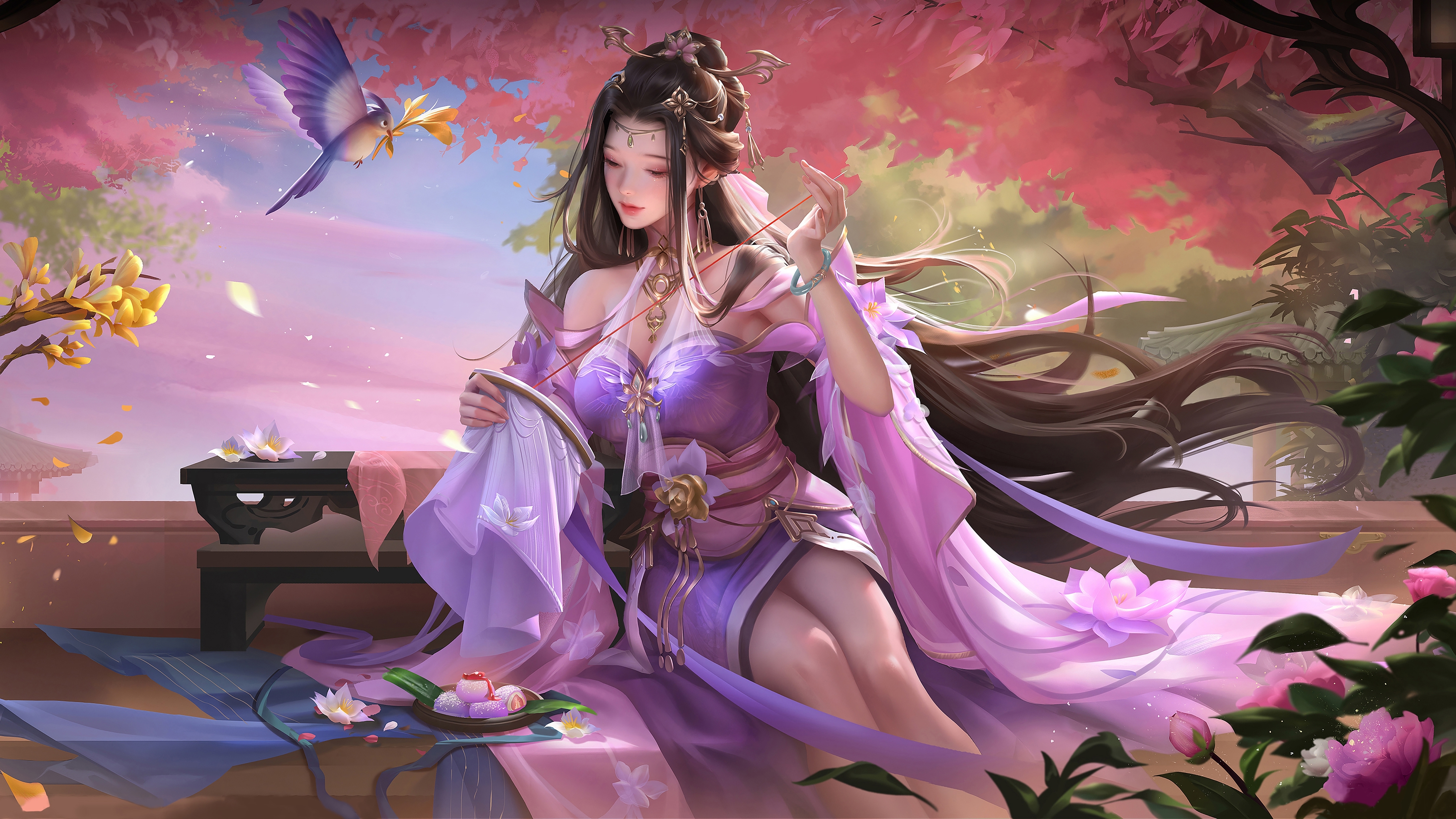 汉服 女人 坐着 长发 赤肩 粉色衣服 国风 鸟 动物 花瓣 树 叶 花 耳环 手镯 云 天空 手机壁纸 4350×2447