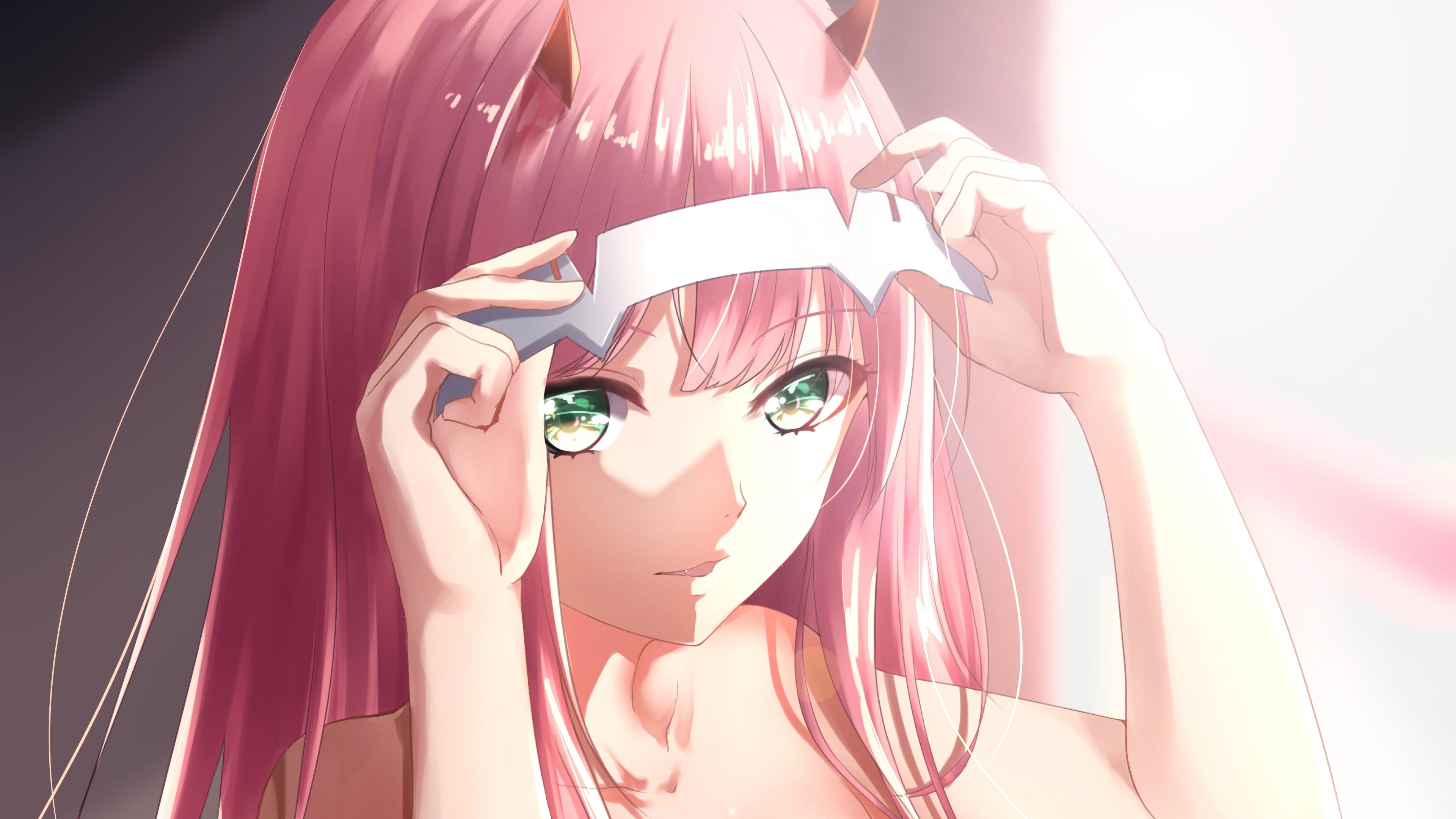 脸 绿眼睛 粉色头发 长发 动漫 女孩 零二 DARLING 手机壁纸 3840×2160