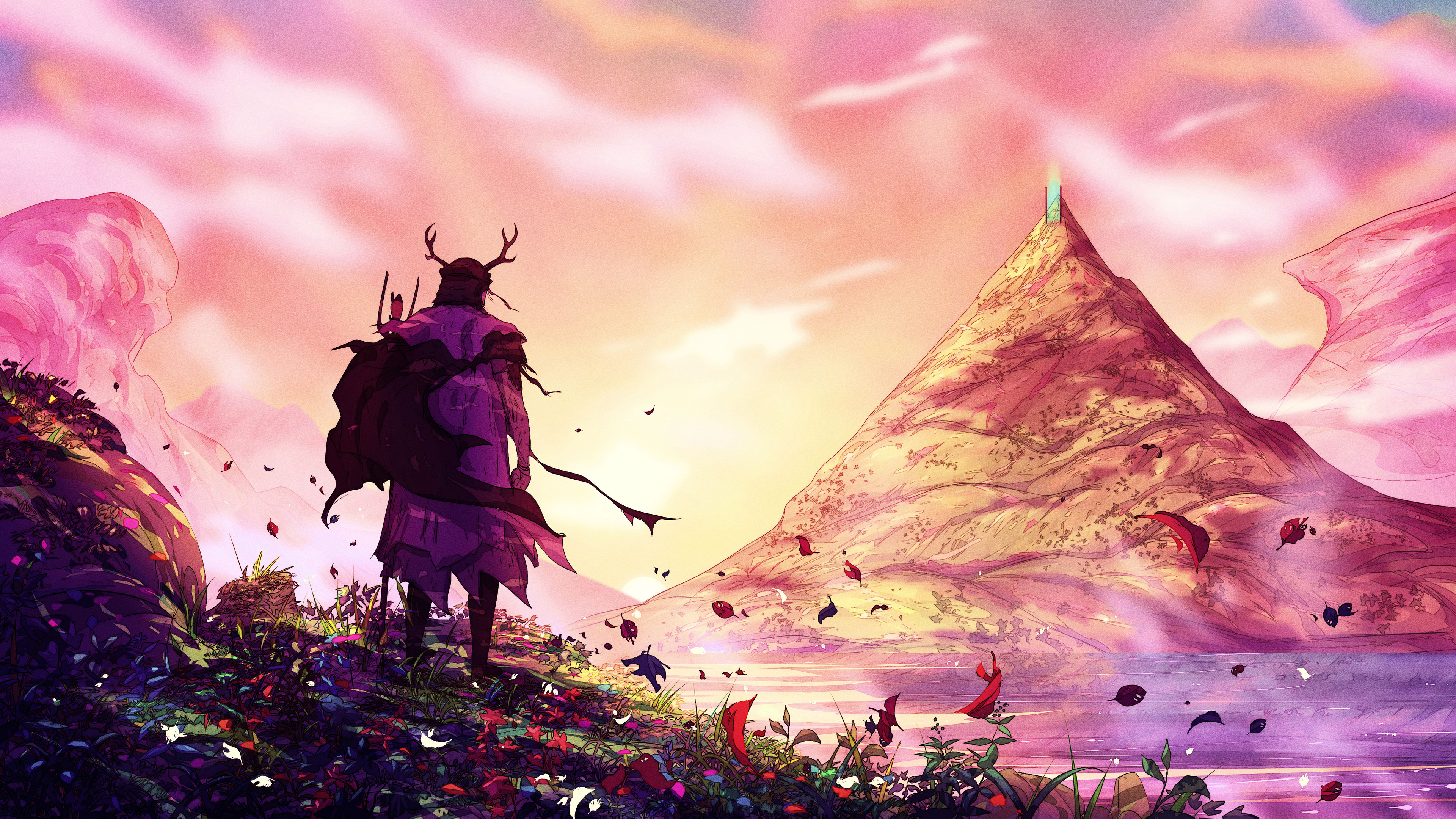 旅行者 AI艺术 奇幻艺术 男人 山 花 壁纸 3840×2160
