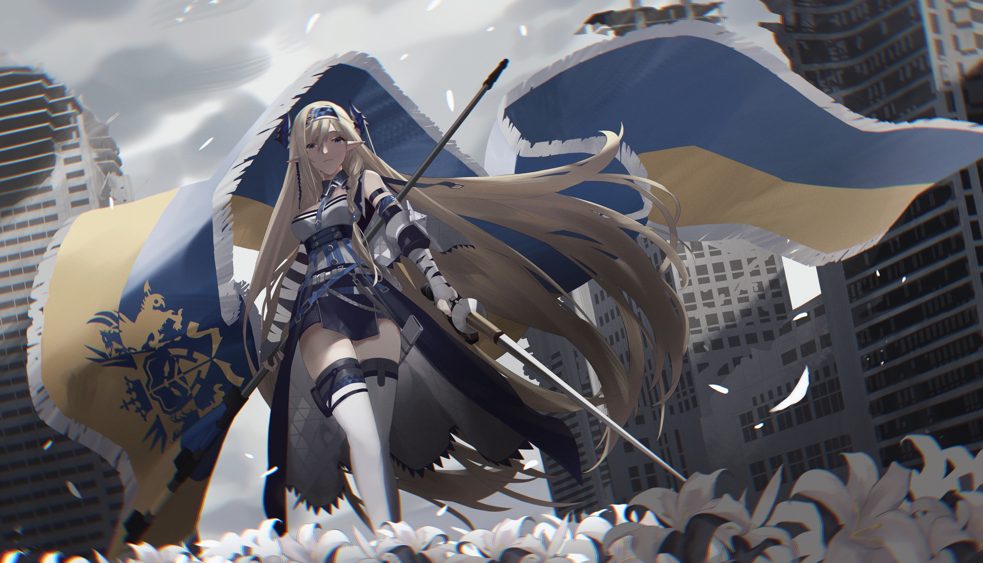 经典金发 动漫 女孩 花 武器 国旗 明日方舟 命运系列 壁纸 4032×2309